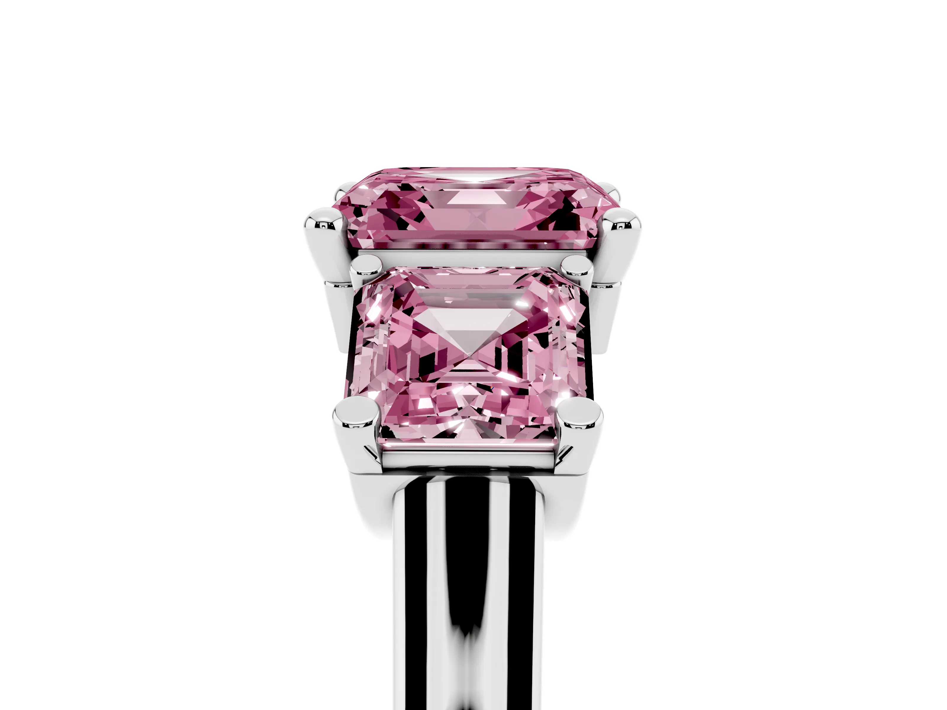 Fancy Pink Asscher Cut Diamond Three-Stone Trellis Ring Set in Silver with Comfort Fit Band