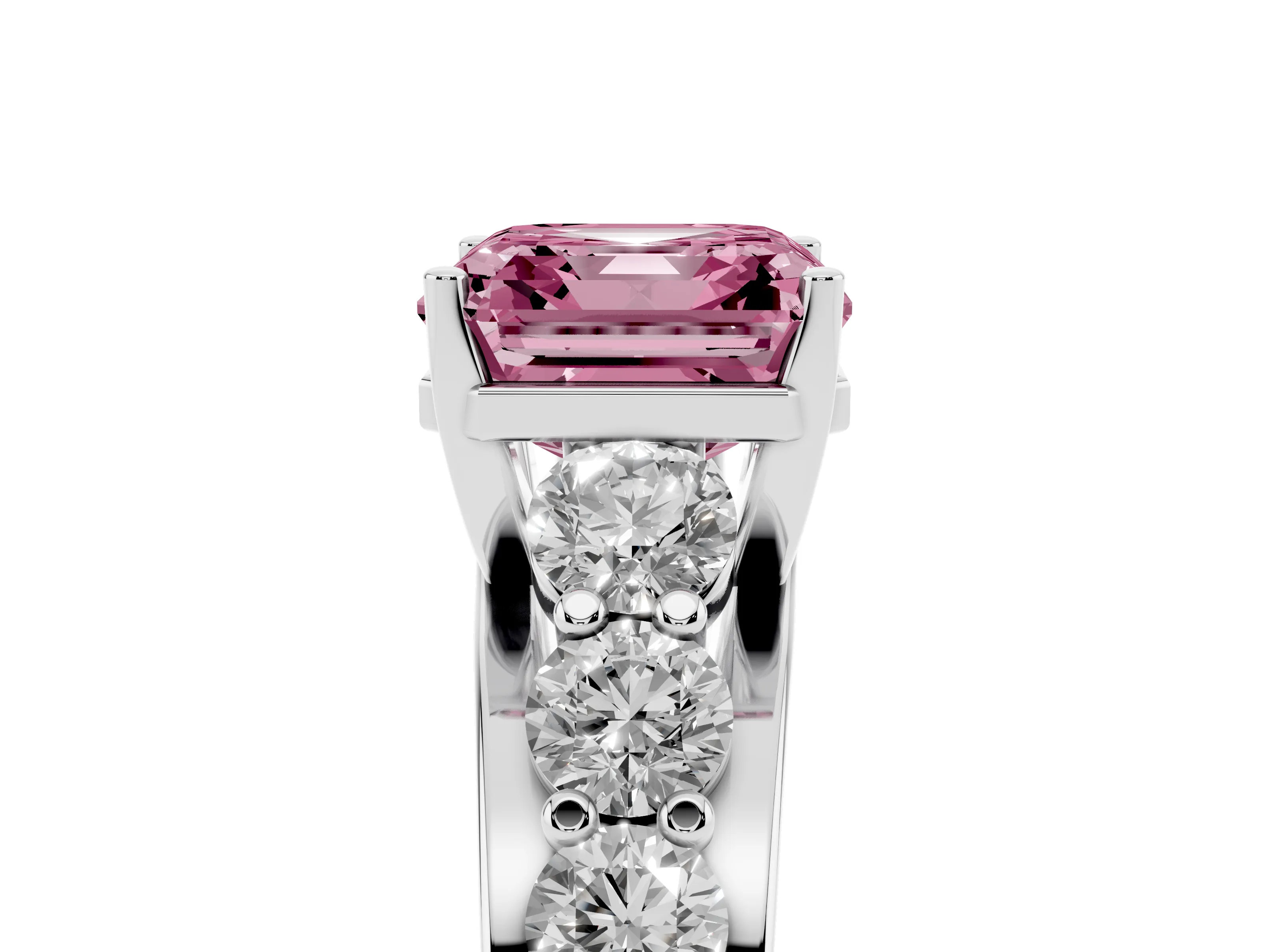 Fancy Pink Asscher Cut Diamond Pavé Engagement Ring Set in Platinum with Prong Setting