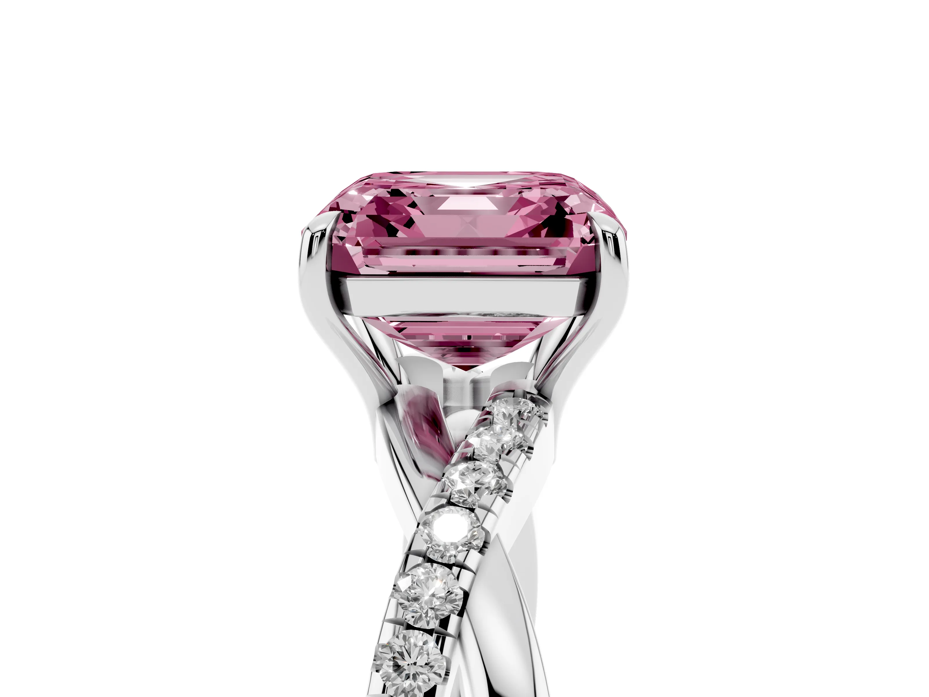 Fancy Pink Asscher Cut Diamond Twisted Pavé Band Ring Set in White gold with Prong Setting