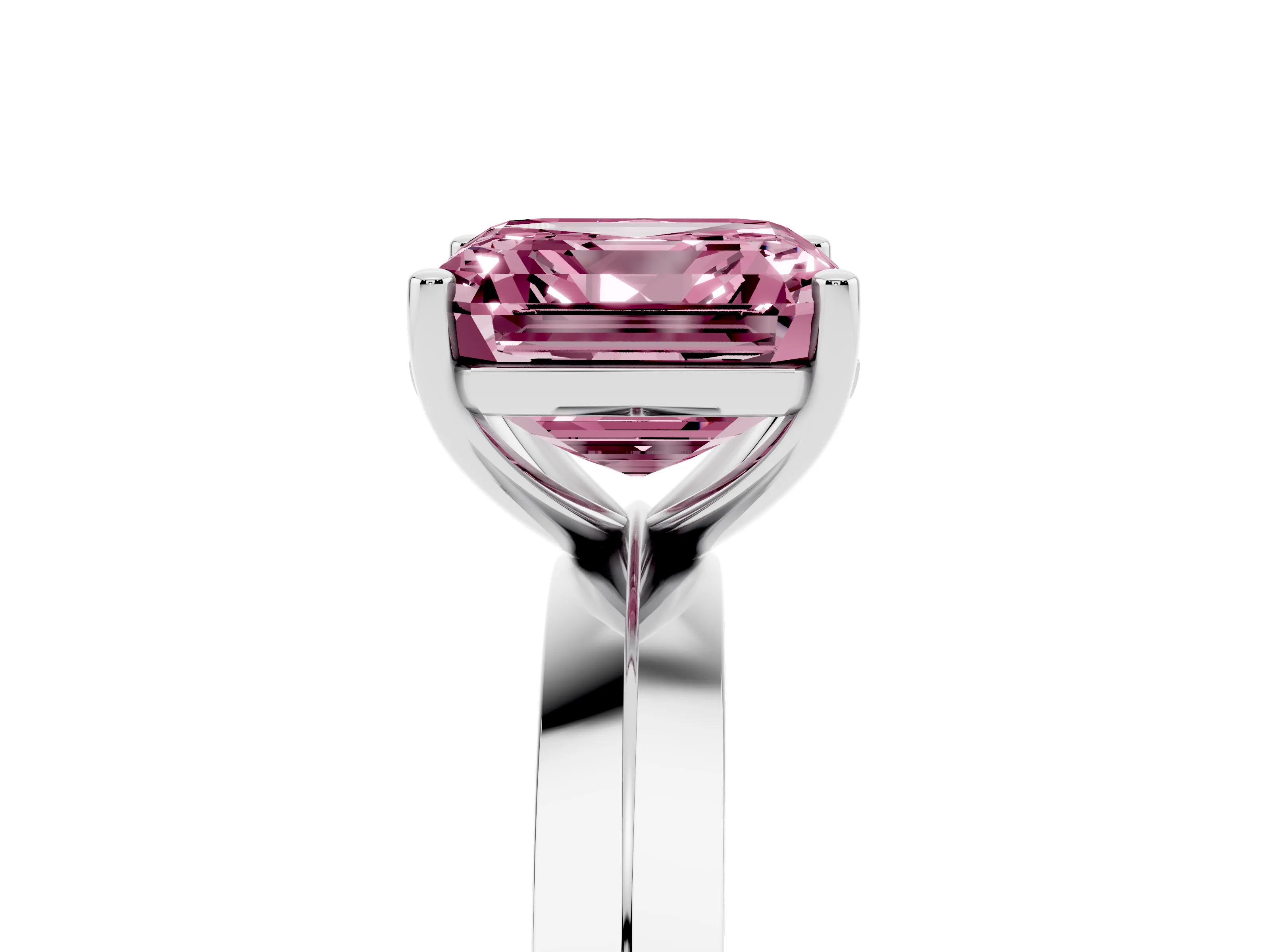 Fancy Pink Asscher Cut Diamond Solitaire Engagement Ring Set in White gold with Flat Band and Prong Setting