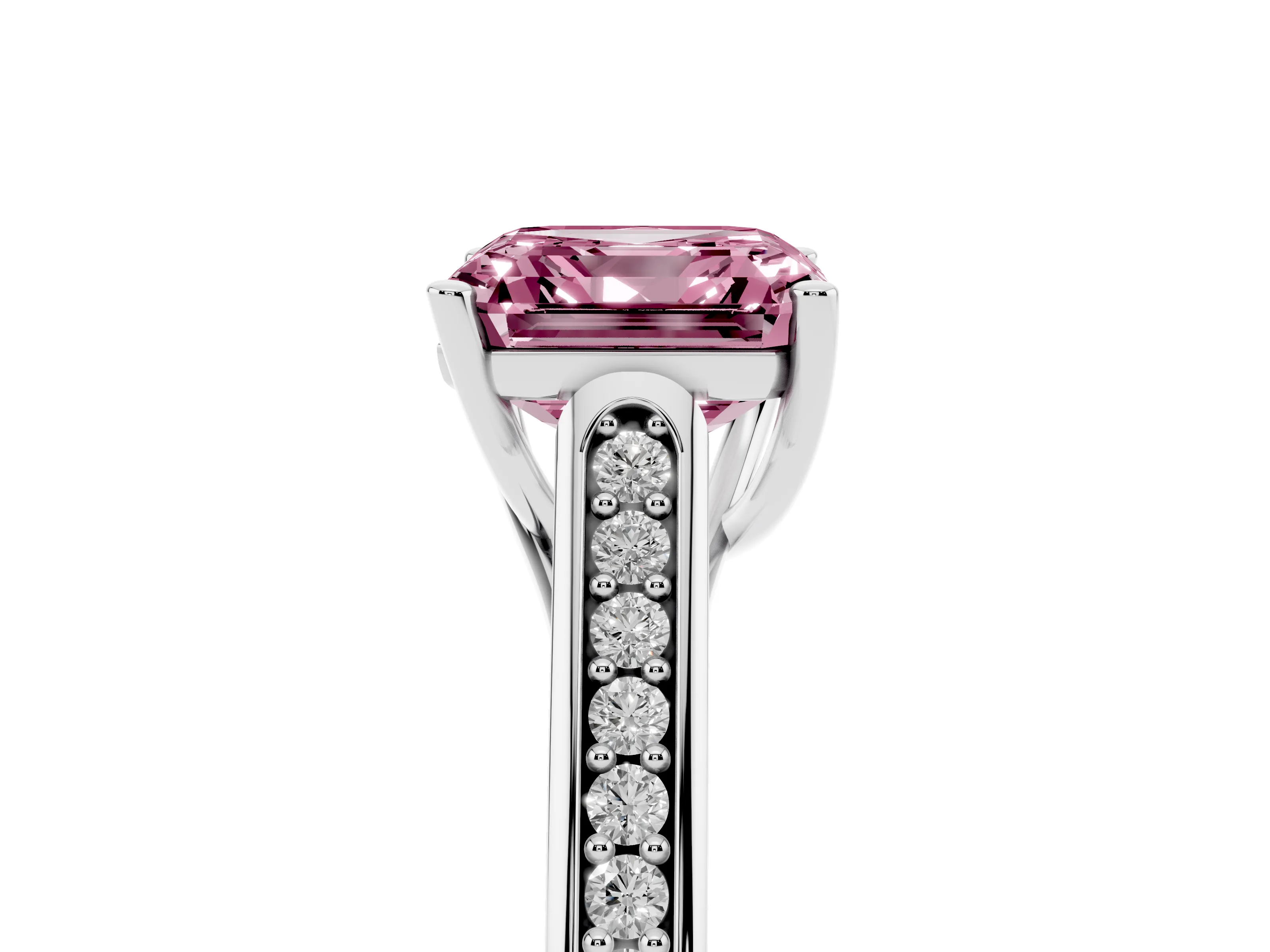 Fancy Pink Asscher Cut Diamond Solitaire Cathedral Engagement Ring Set in White gold with Channel-Set Band and Prong Setting