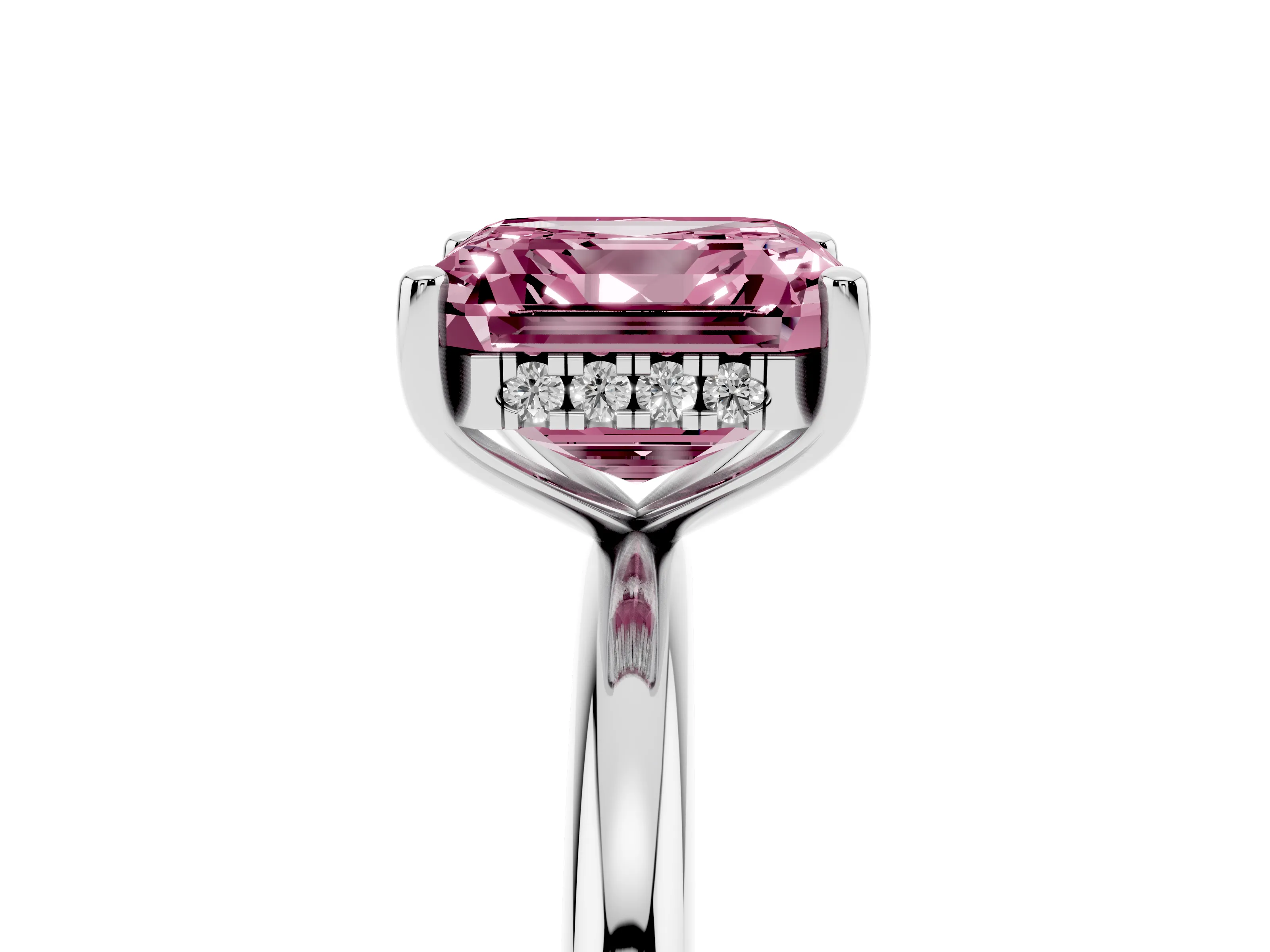 Fancy Pink Asscher Cut Diamond Solitaire Engagement Ring Set in White gold with Prong Setting and Polished Band