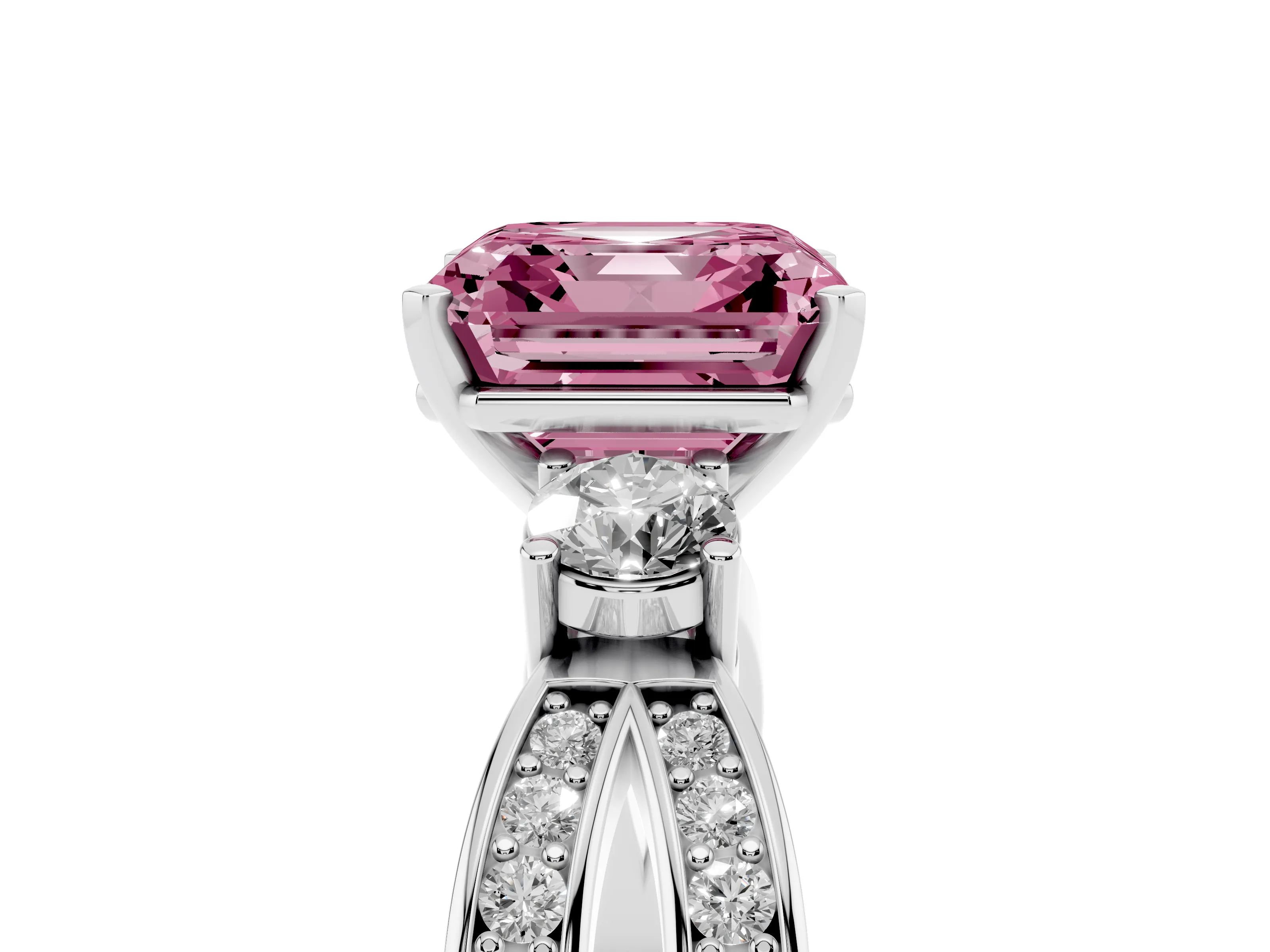 Fancy Pink Three-Stone Asscher Cut Diamond Twist Band Ring Set in Silver with Pavé Accents and Prong Setting