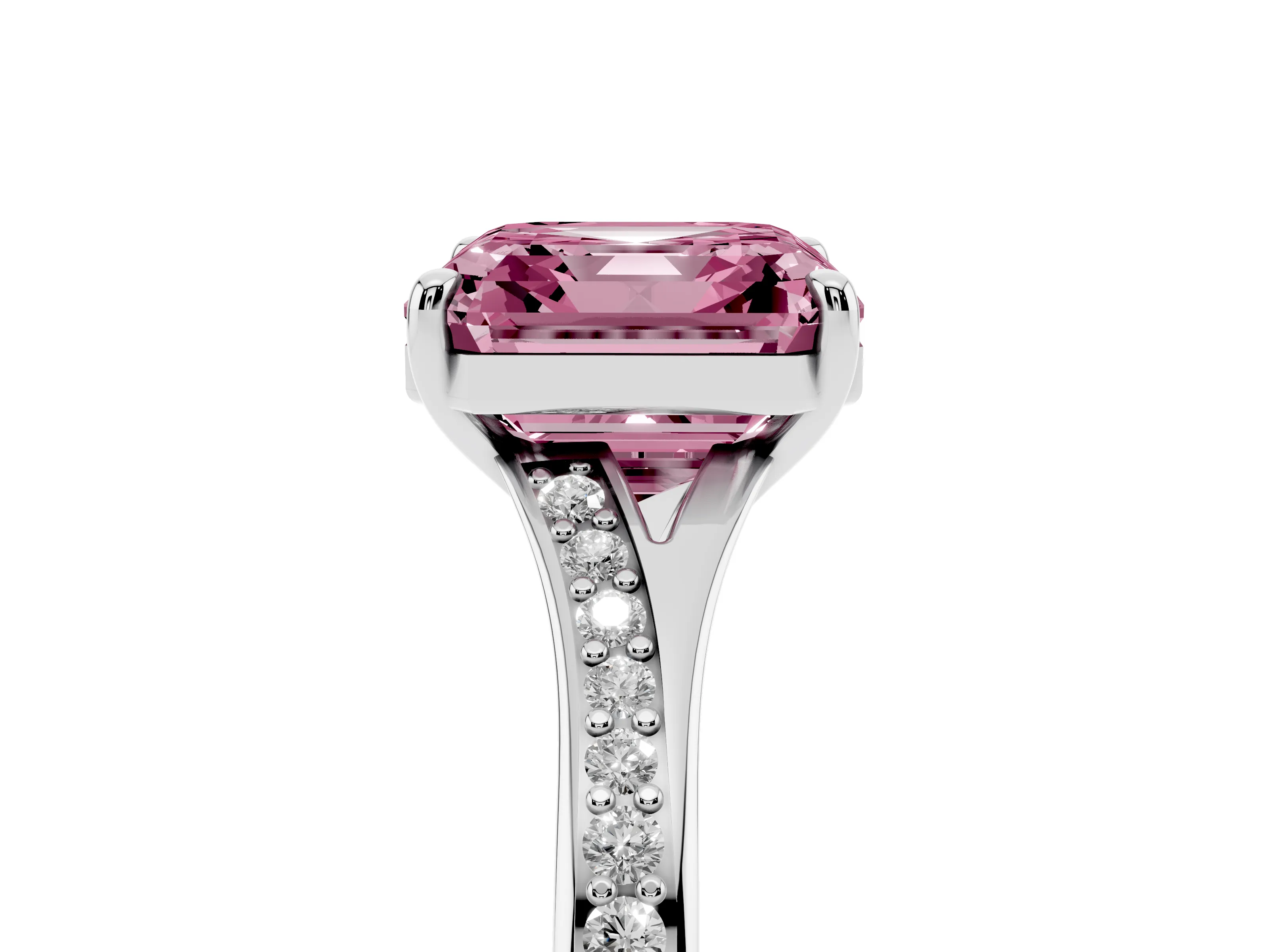 Fancy Pink Asscher Cut Diamond Solitaire Ring Set in White gold with Pavé Accent Band and Classic Prong Setting
