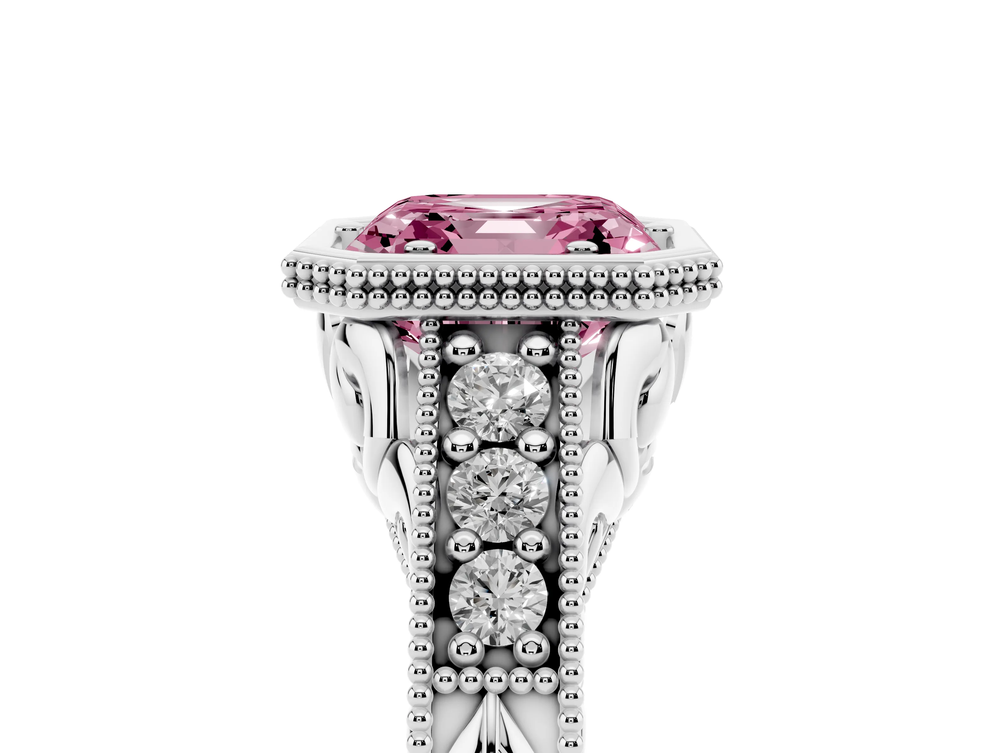 Fancy Pink Bezel Set Asscher Cut Diamond Milgrain Pavé Engagement Ring Set in Silver