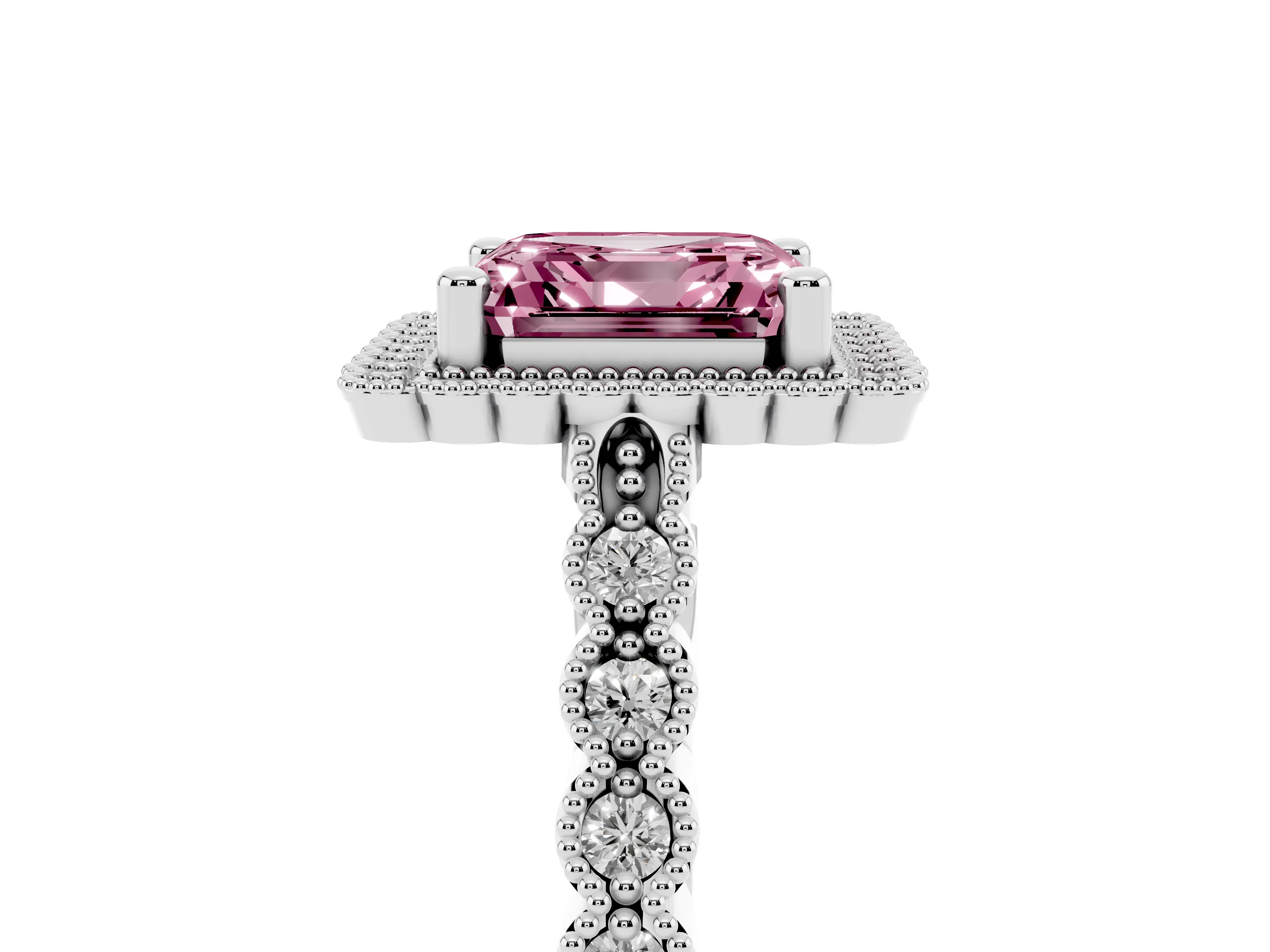 Fancy Pink Asscher Cut Diamond Halo Ring Set in Platinum with Pavé Milgrain Band
