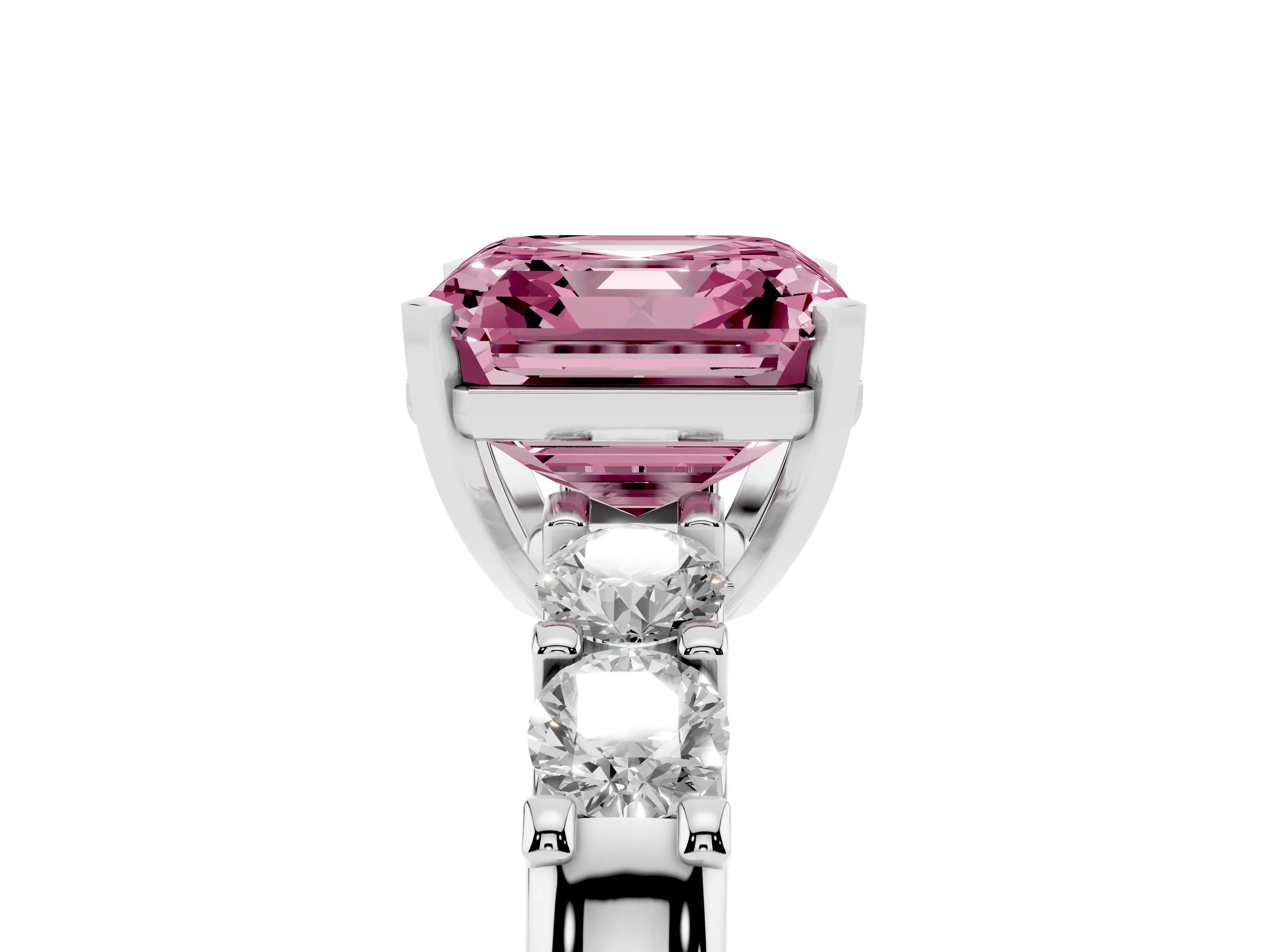 Fancy Pink Asscher Cut Diamond Five-Stone Prong Set Engagement Ring Set in White gold with Channel Band
