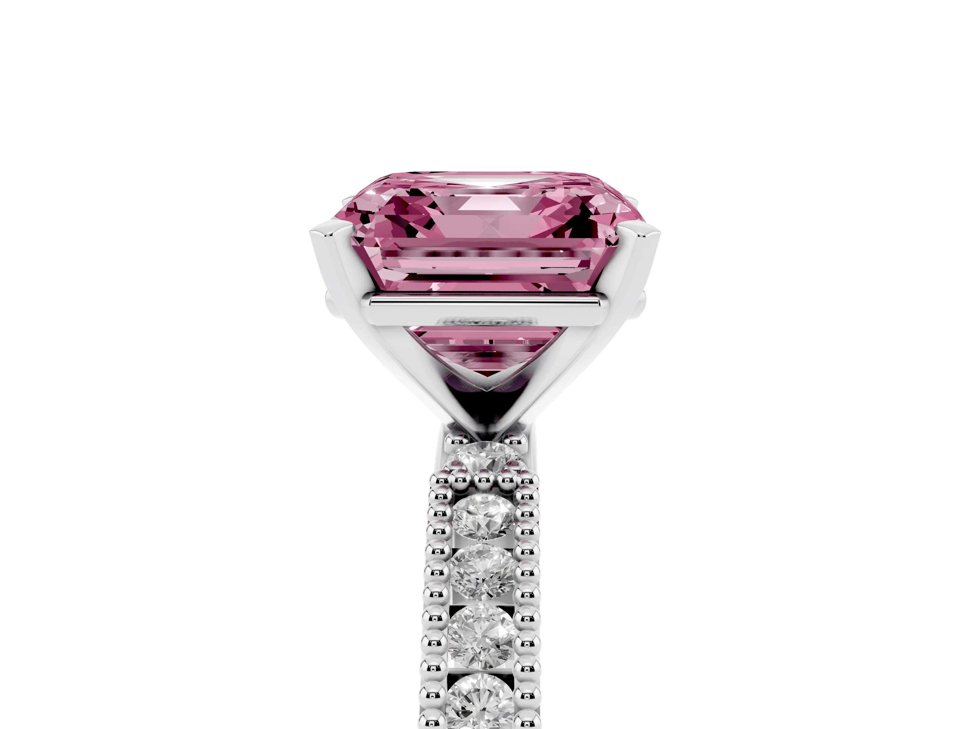 Fancy Pink Asscher Cut Diamond Solitaire Ring Set in Silver with Slim Pavé Band and Prong Setting