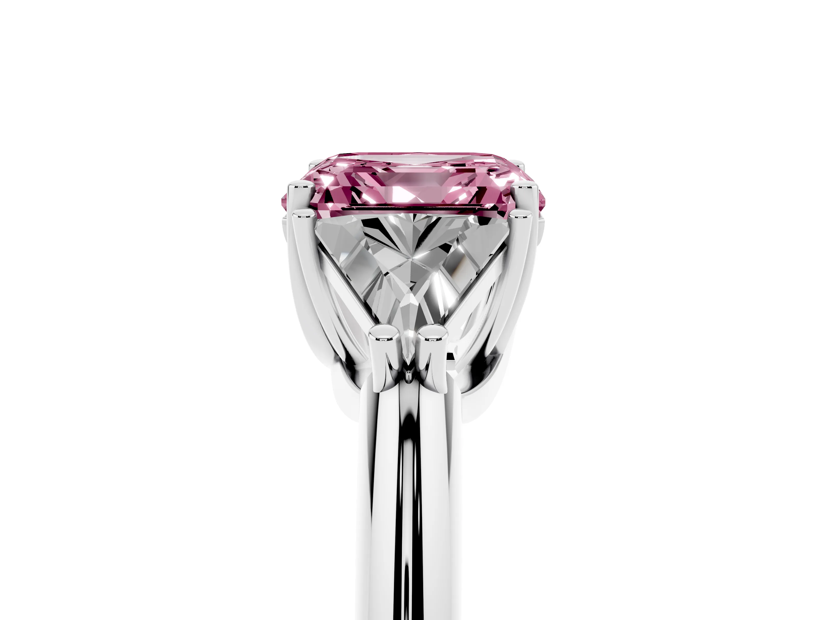 Fancy Pink Asscher Cut Diamond Three-Stone Engagement Ring Set in White gold with Trillion Side Stones