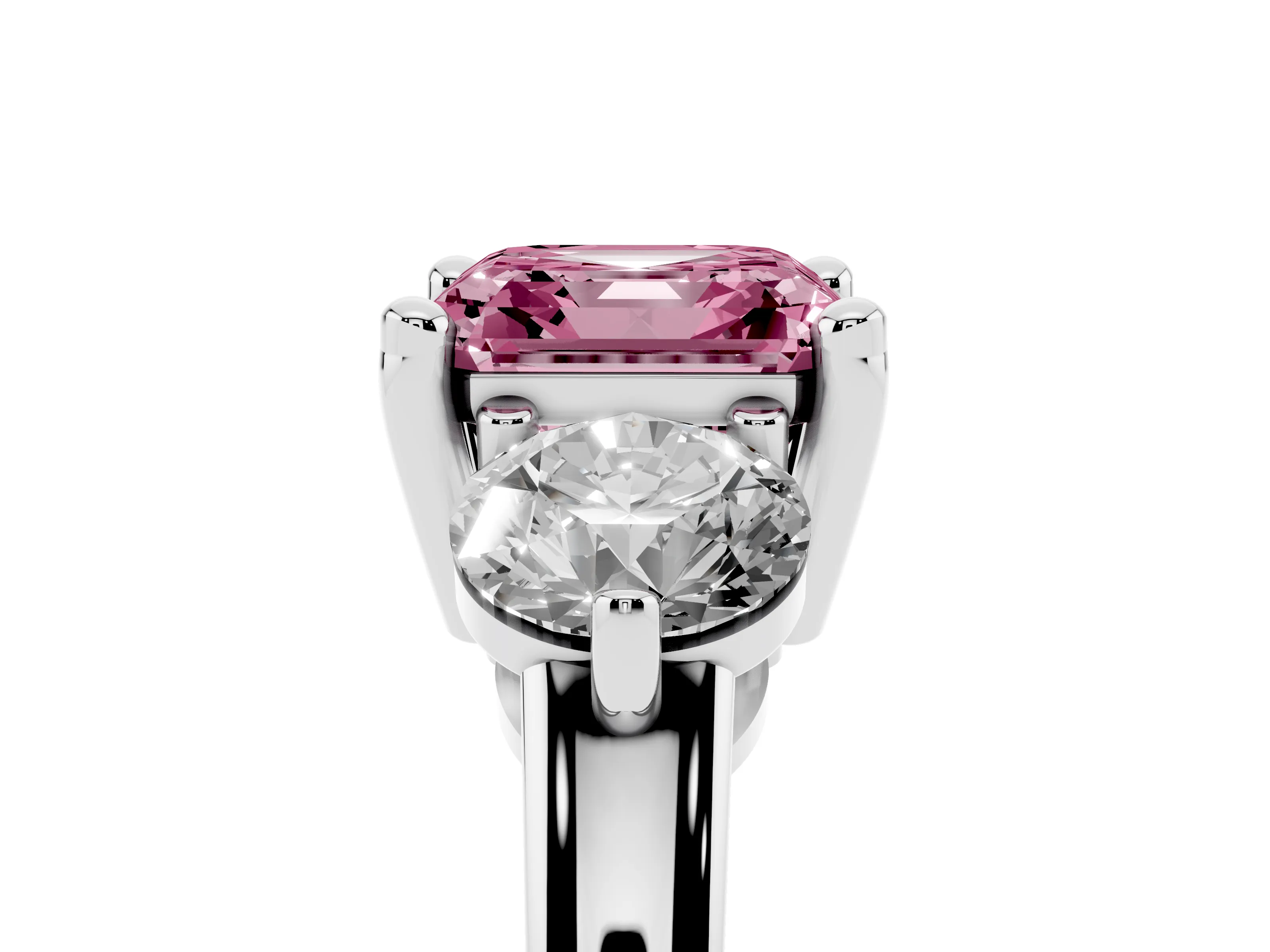Fancy Pink Asscher Cut Diamond Three-Stone Ring Set in White gold with Prong Setting and Classic Band