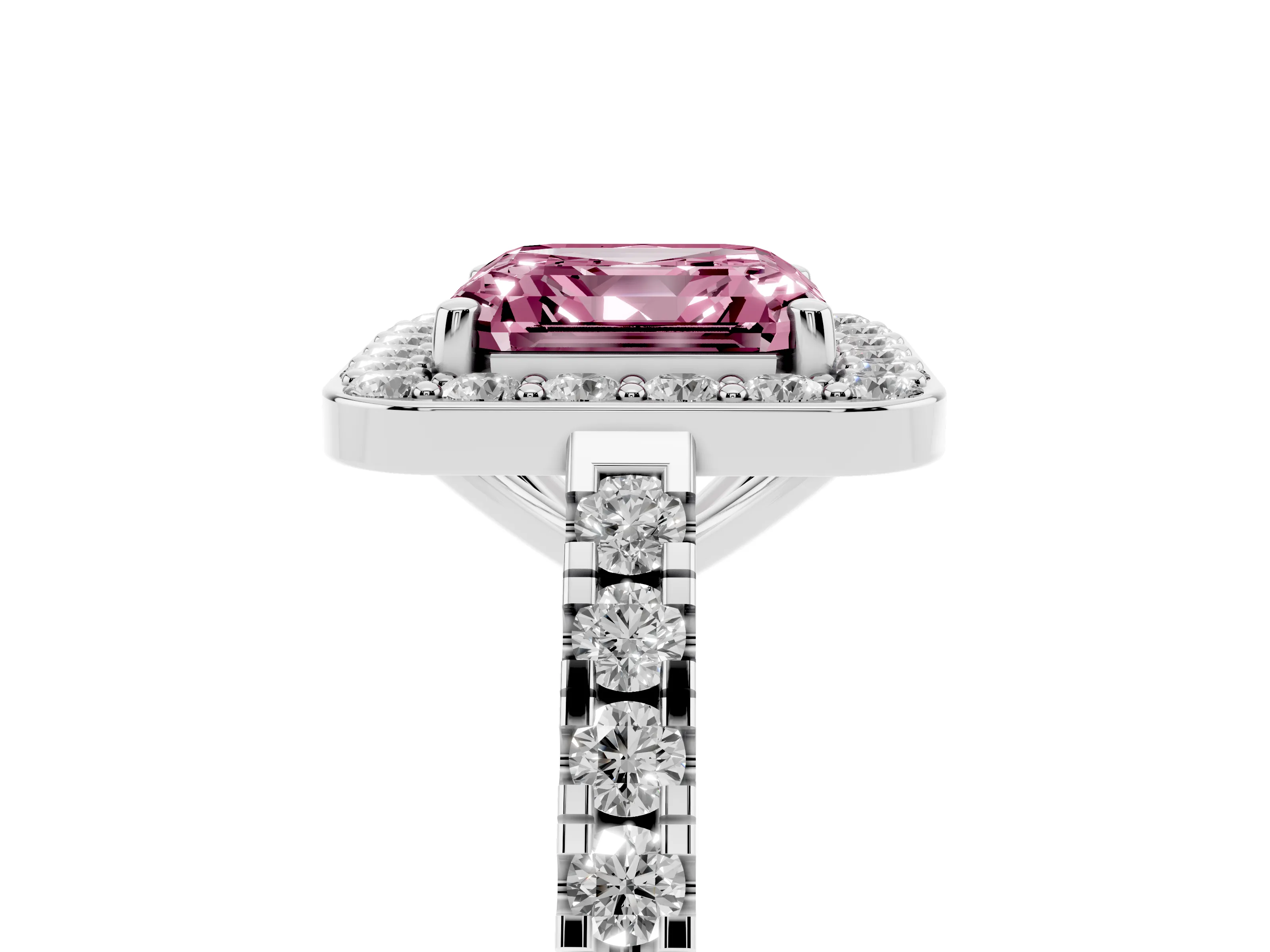 Fancy Pink Asscher Cut Diamond Halo Ring Set in Platinum with Round Pavé Split Shank and Prong Setting