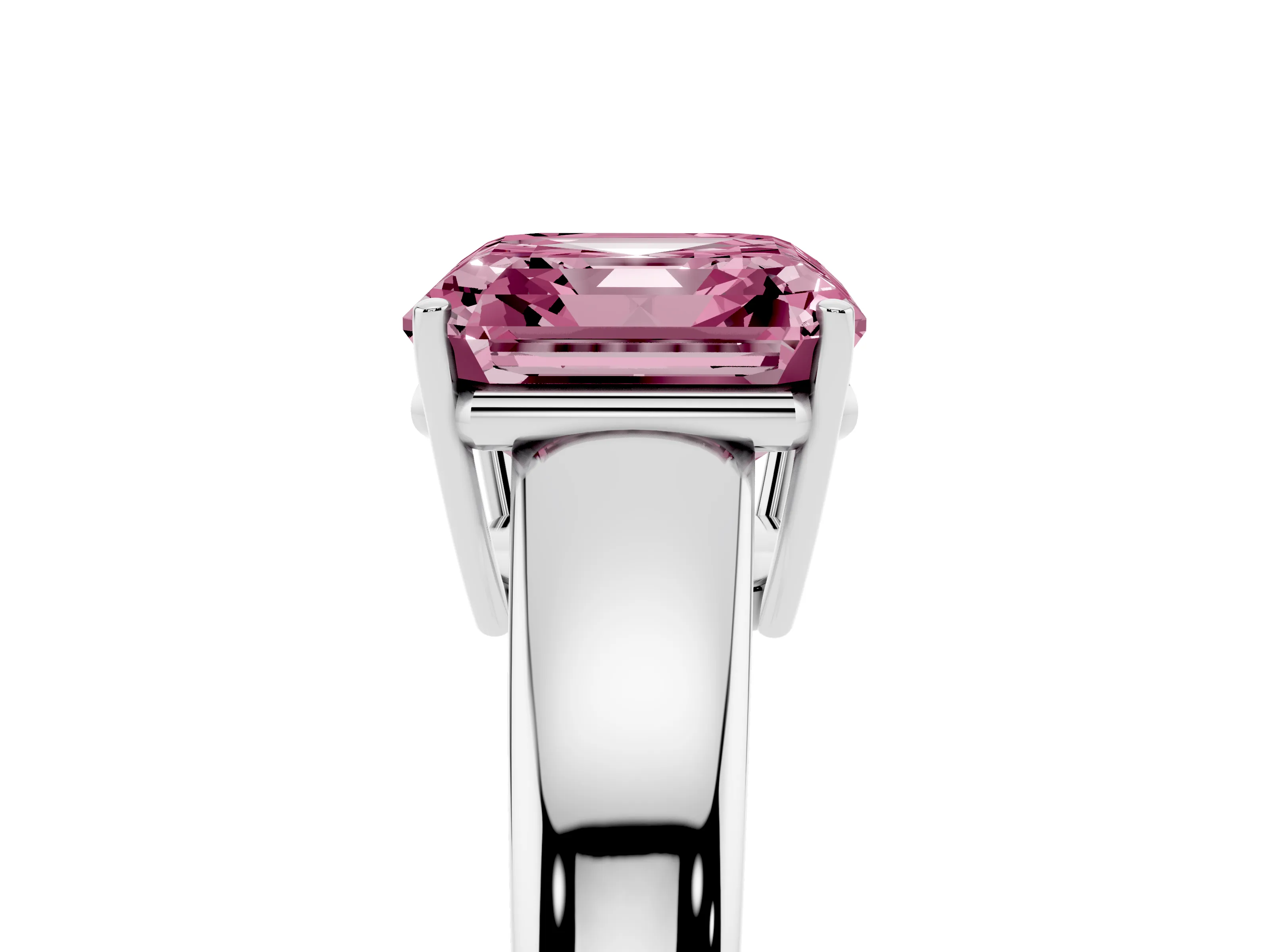 Fancy Pink Asscher Cut Diamond Solitaire Ring Set in White gold with Tapered Band and Prong Setting