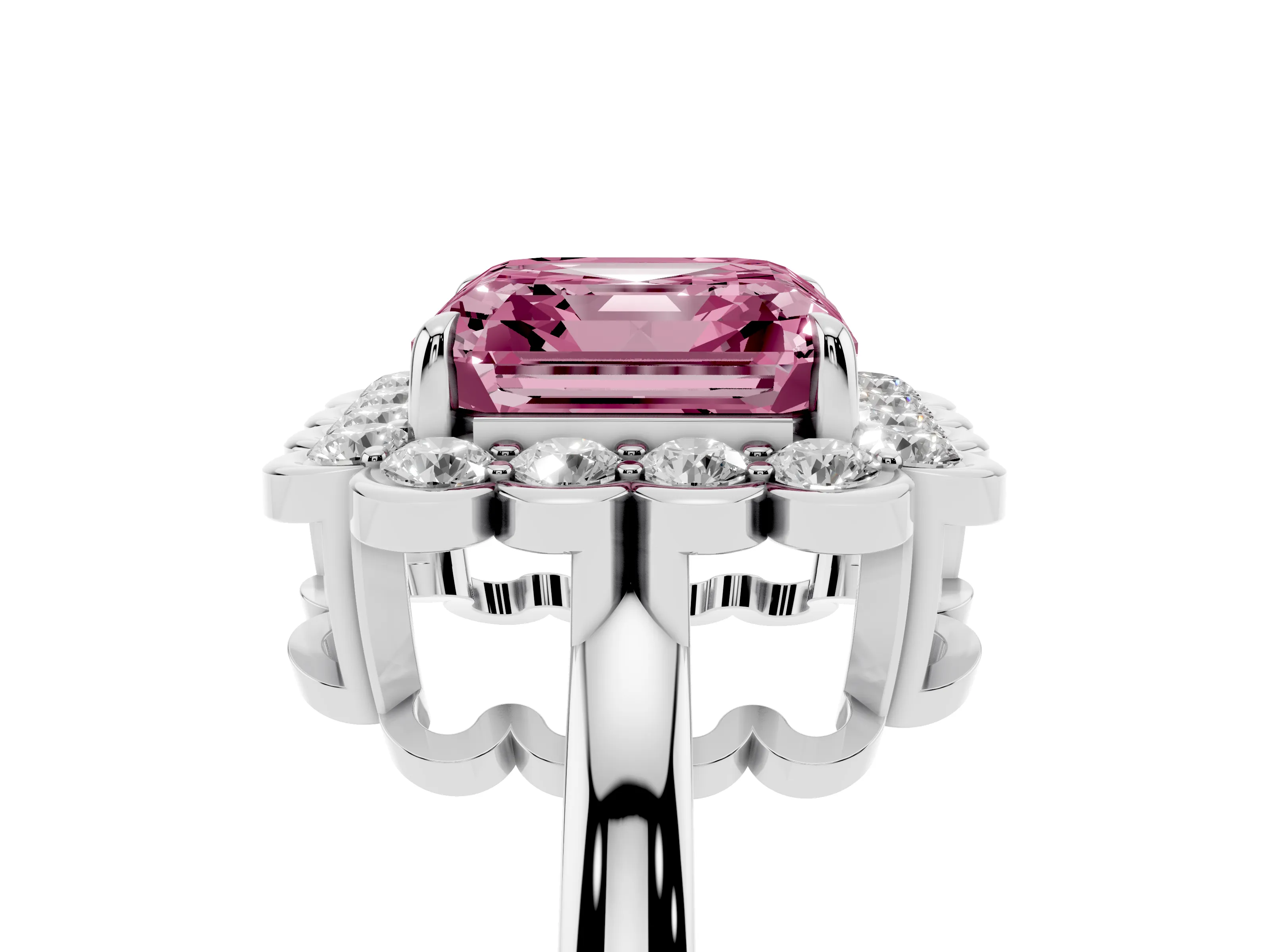 Fancy Pink Asscher Cut Diamond Halo Cluster Engagement Ring Set in Platinum with Solitaire Band and Prong Setting