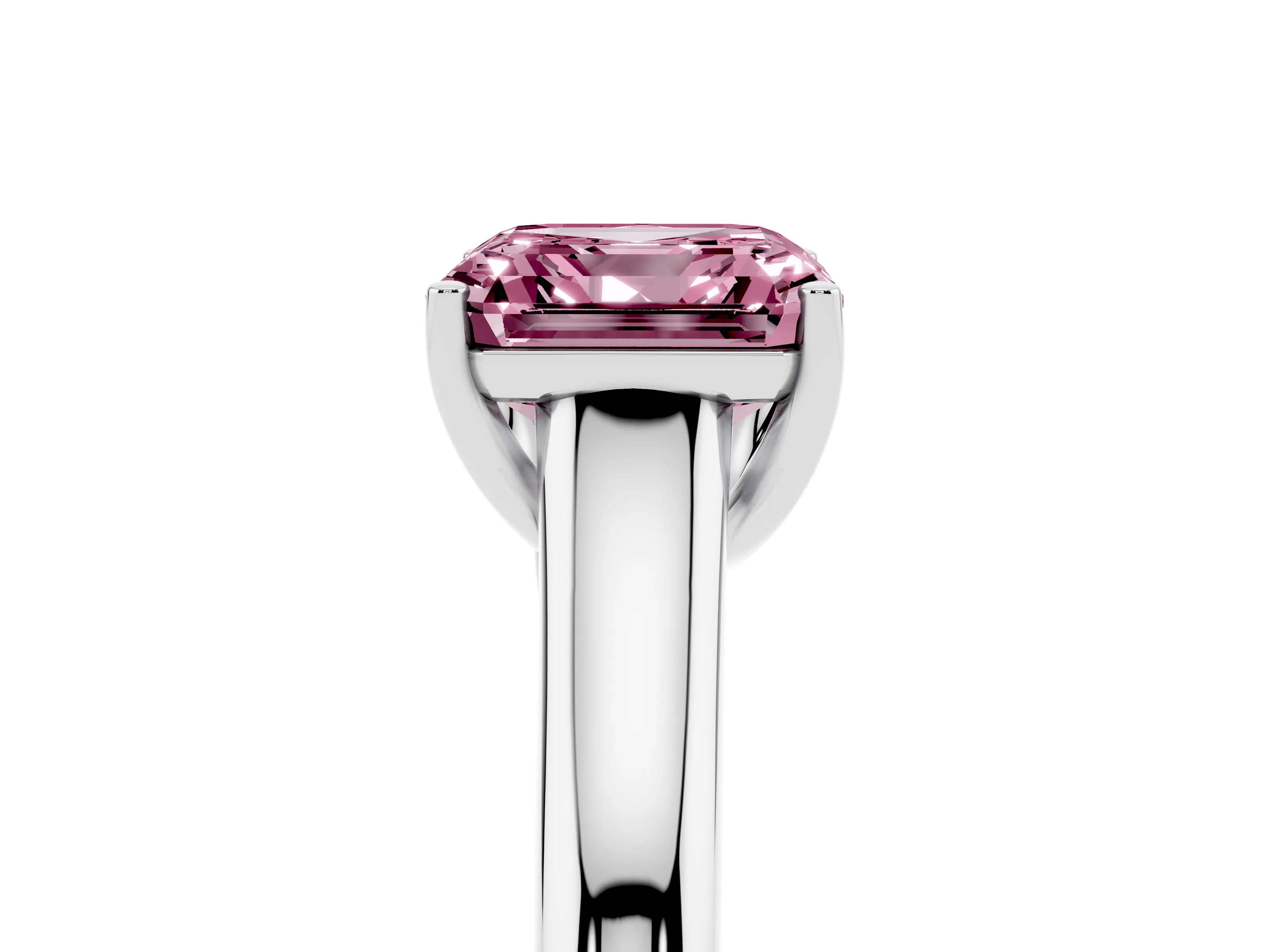 Fancy Pink Asscher Cut Diamond Solitaire Engagement Ring Set in Silver with Subtly Tapered Band and Prong Setting