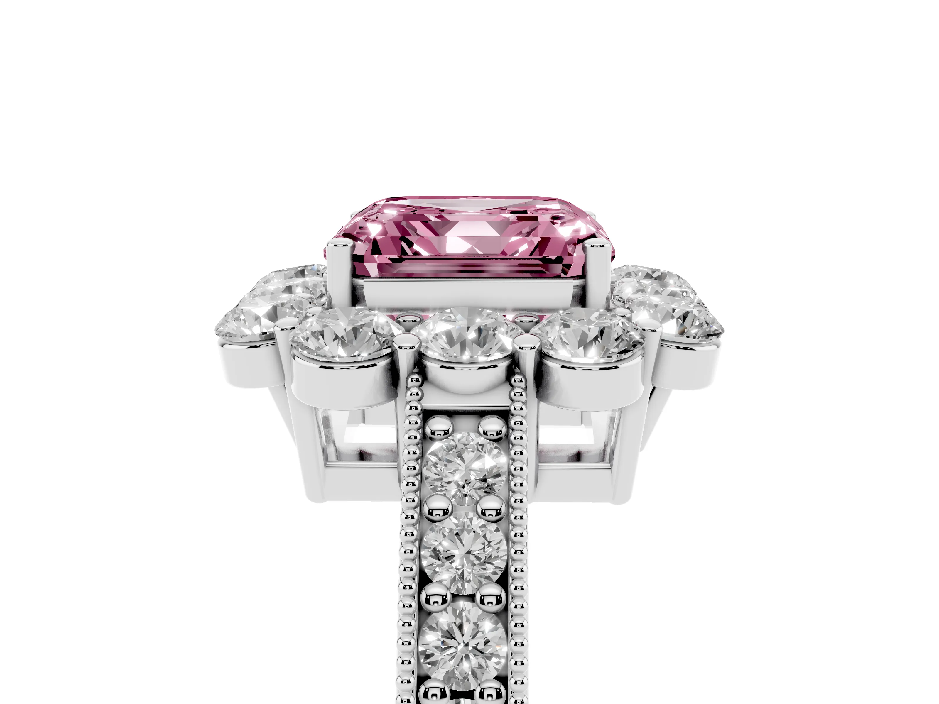 Fancy Pink Asscher Cut Diamond Halo Pavé Engagement Ring Set in White gold with Milgrain Detailing