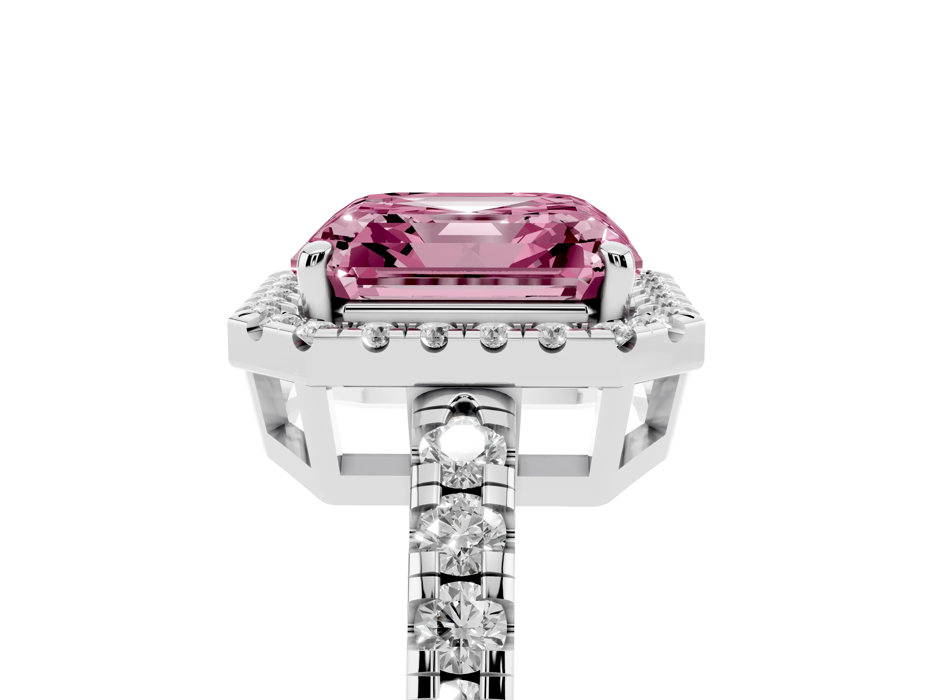 Fancy Pink Asscher Cut Diamond Halo Ring Set in White gold with Delicate Pavé Band and Prong Setting