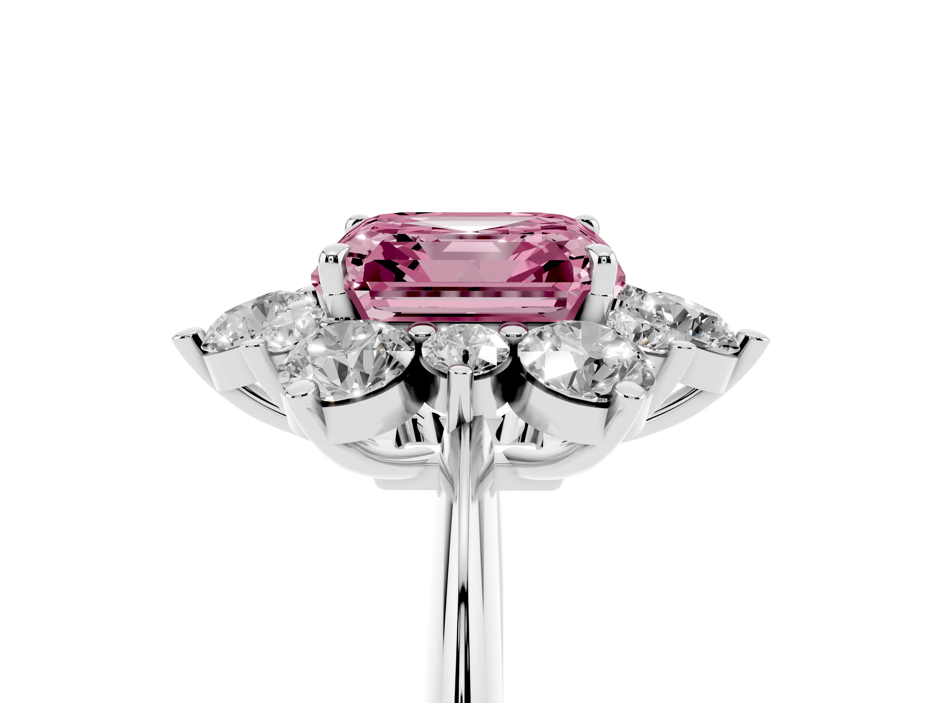 Fancy Pink Asscher Cut Diamond Cluster Halo Ring Set in Platinum with Solitaire Band and Prong Setting