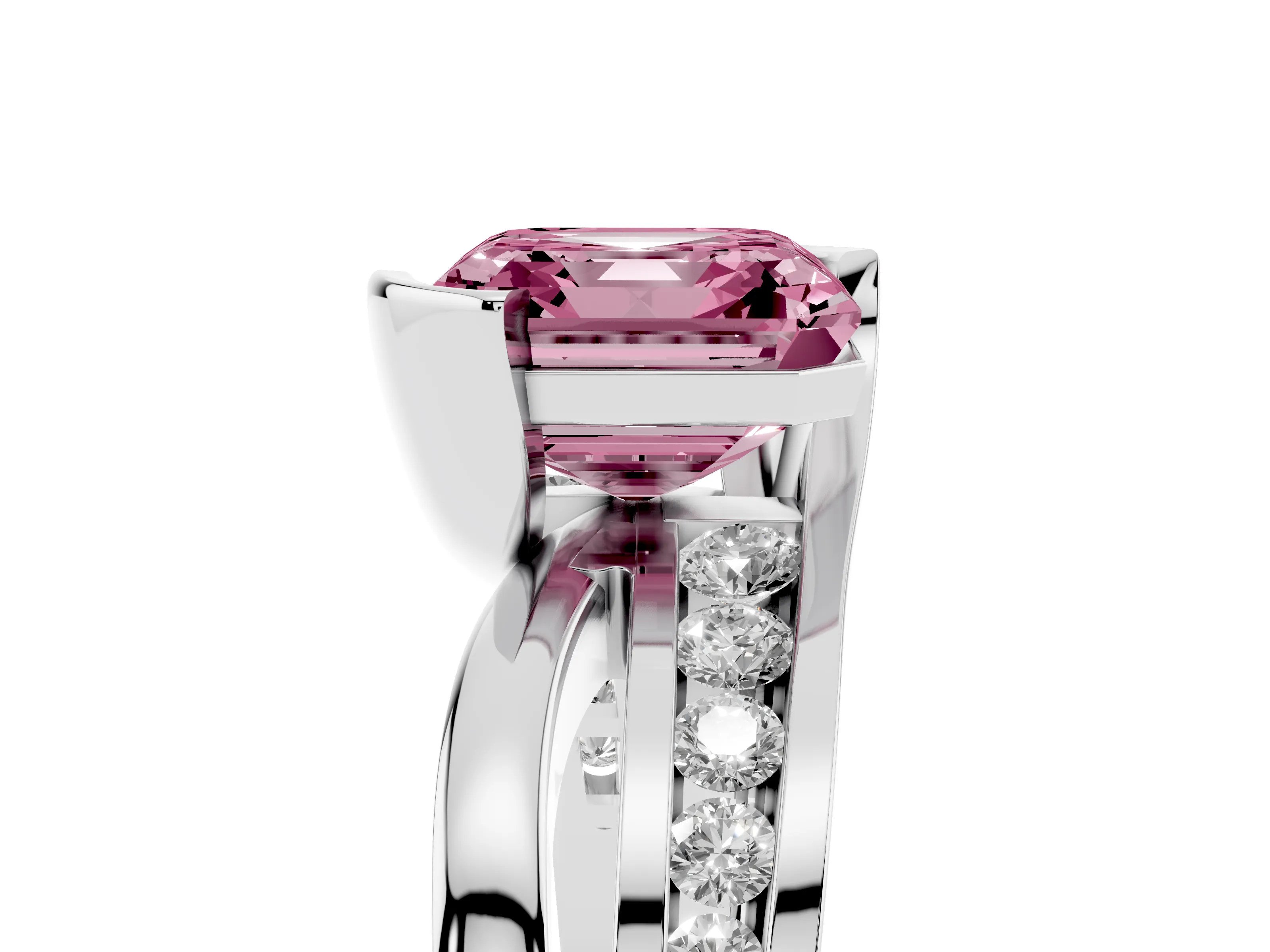 Fancy Pink Asscher Cut Diamond Solitaire Ring Set in Silver with Channel Set Split Shank and Tension Prongs