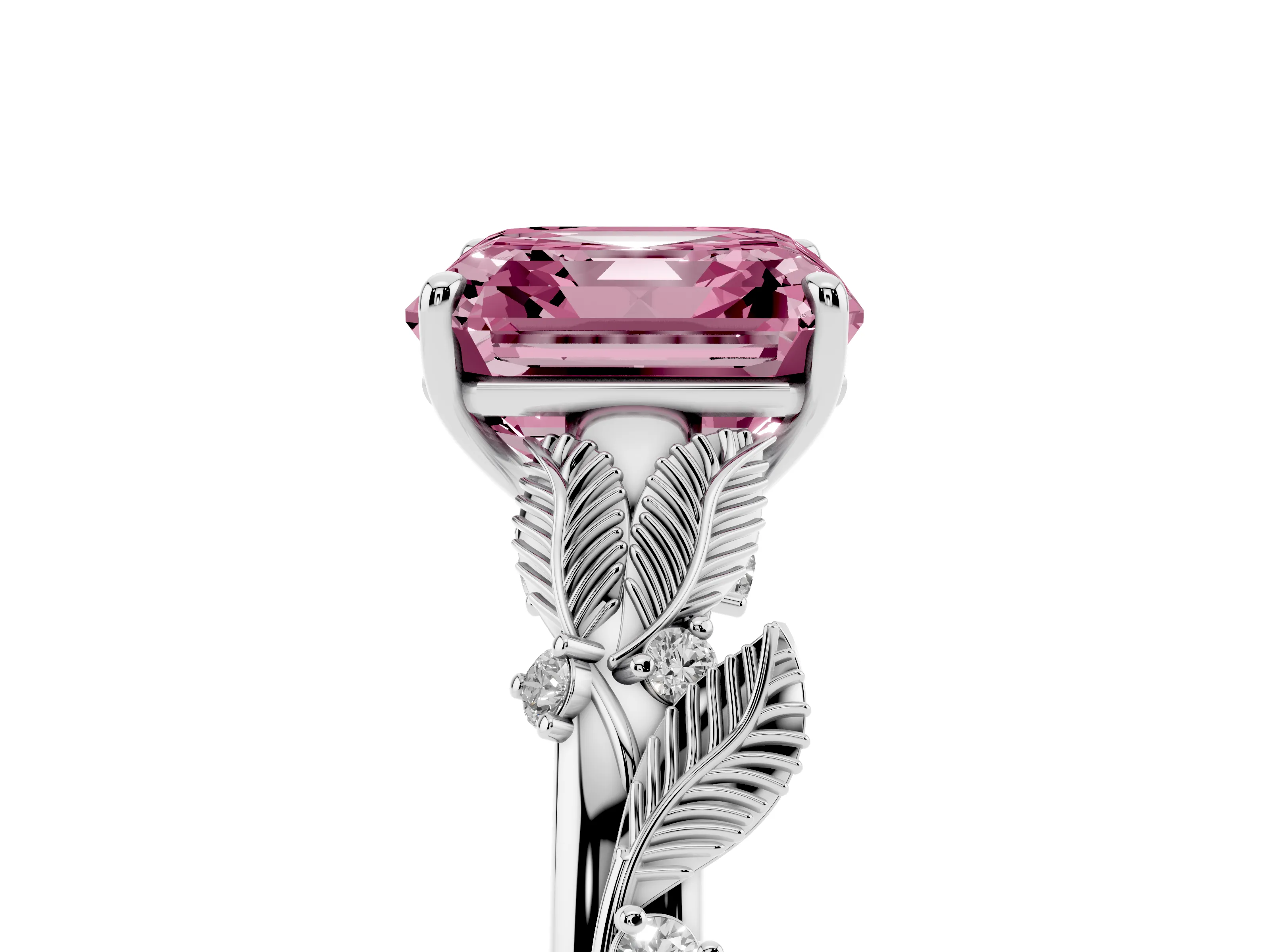 Fancy Pink Asscher Cut Diamond Solitaire Ring Set in White gold with Leaf Motif Band