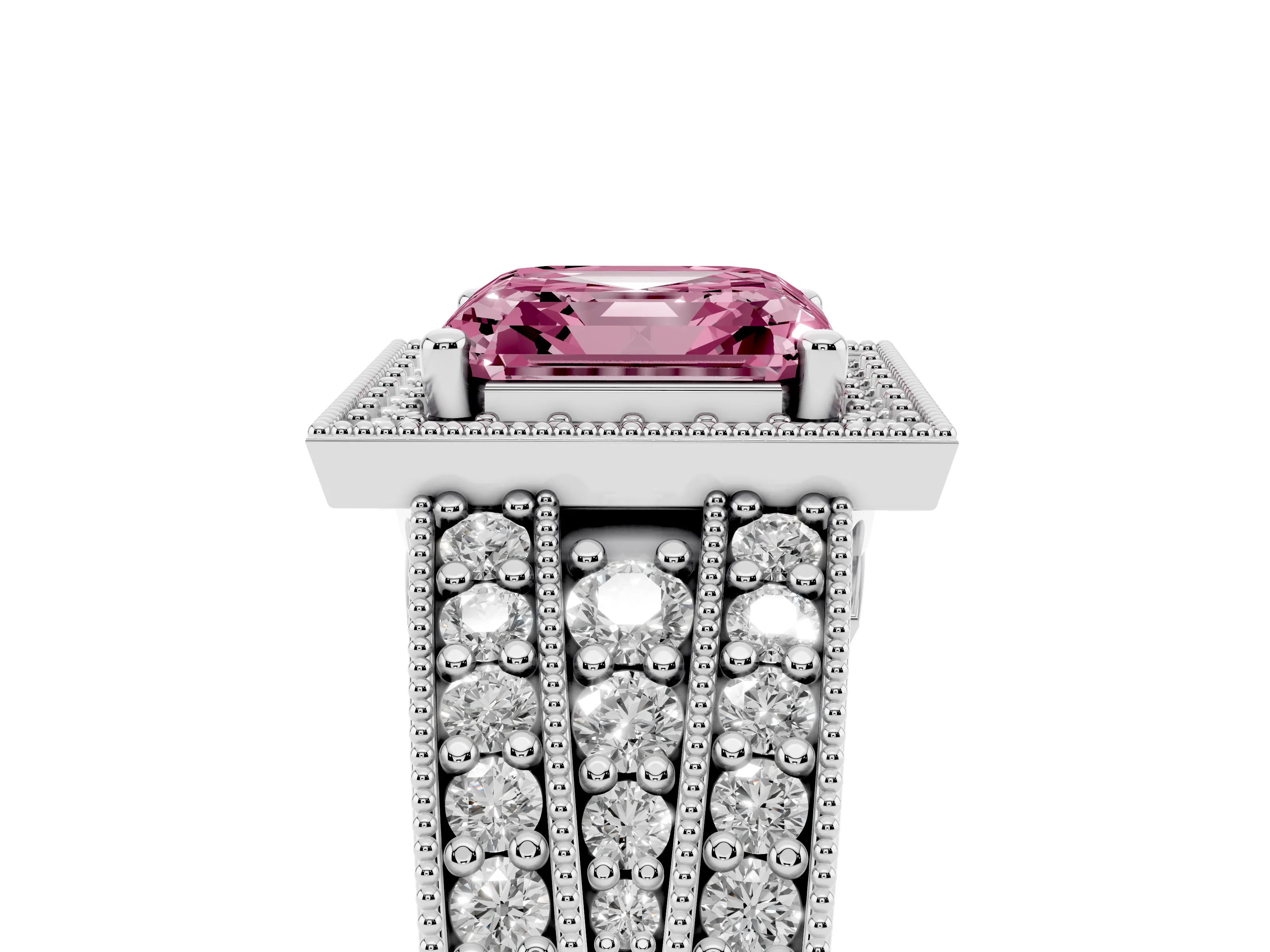 Fancy Pink Asscher Cut Diamond Halo Ring Set in Silver with Accent Split Shank and Prong Setting