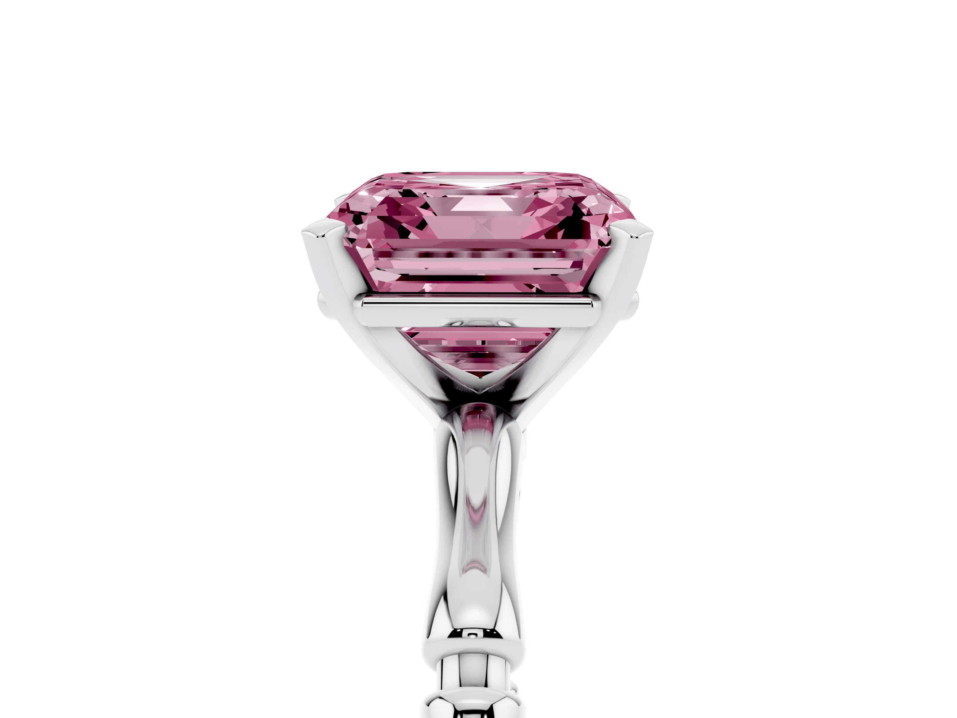 Fancy Pink Asscher Cut Diamond Solitaire Ring Set in White gold with Bamboo Band and Prong Setting