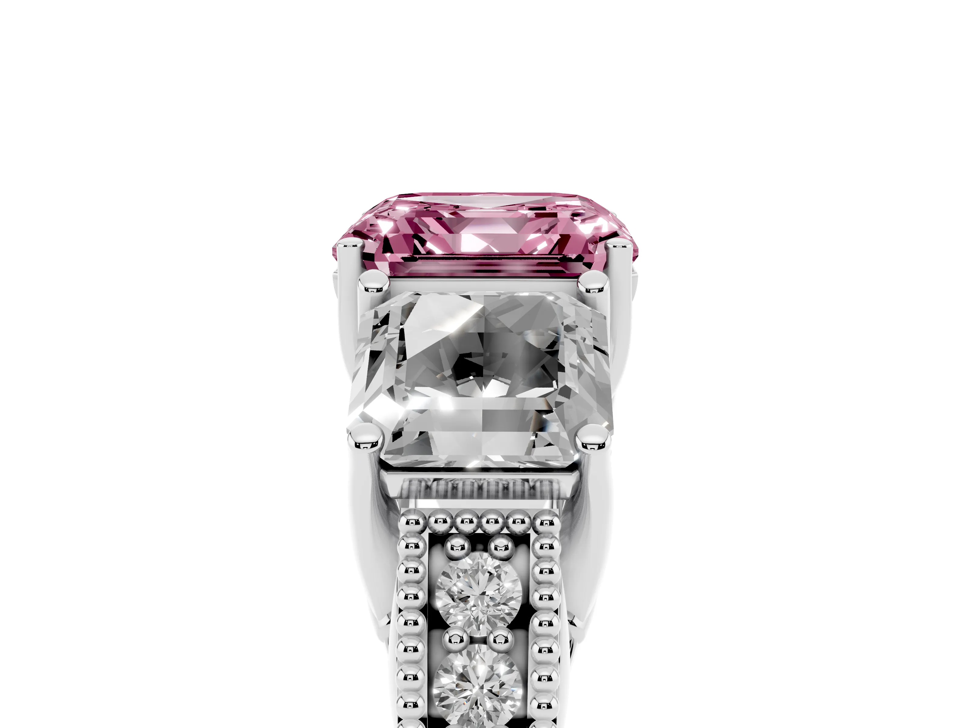 Fancy Pink Asscher Cut Diamond Three-Stone Engagement Ring Set in Silver with Milgrain Pavé Band