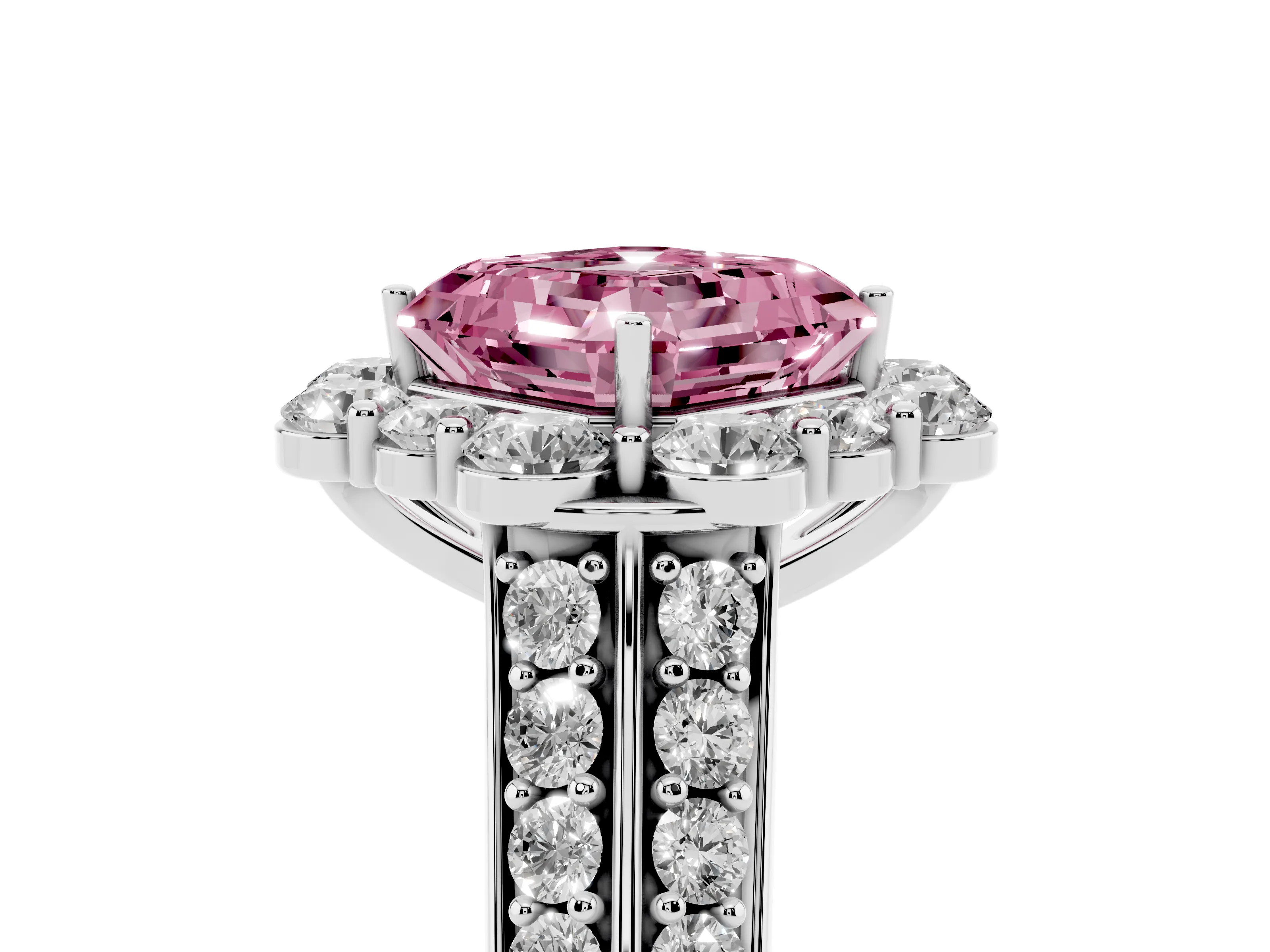 Fancy Pink Asscher Cut Diamond Halo Engagement Ring Set in White gold with Split Shank and Prong Setting
