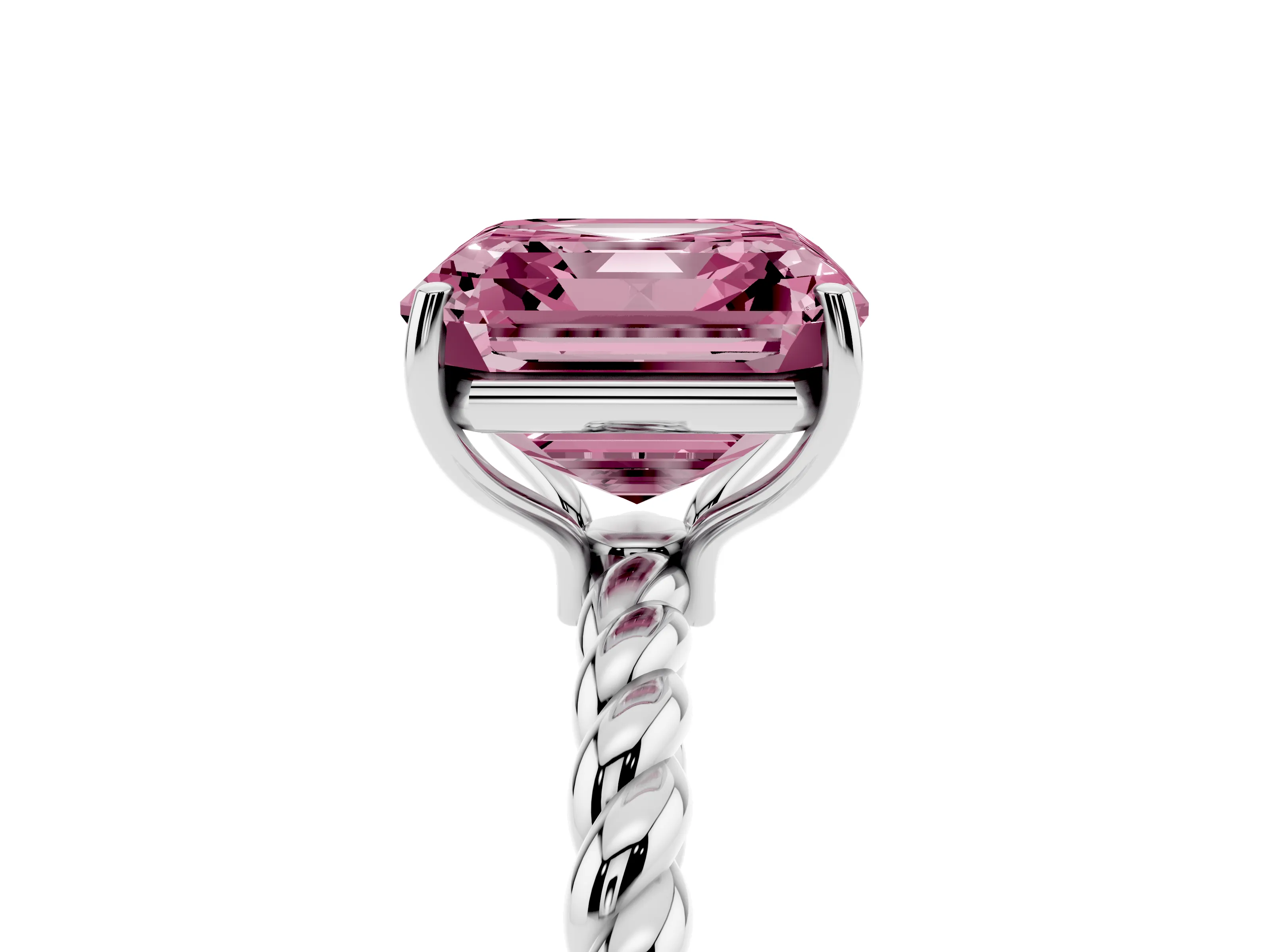 Fancy Pink Asscher Cut Diamond Solitaire Ring Set in White gold with Twist Band and Prong Setting