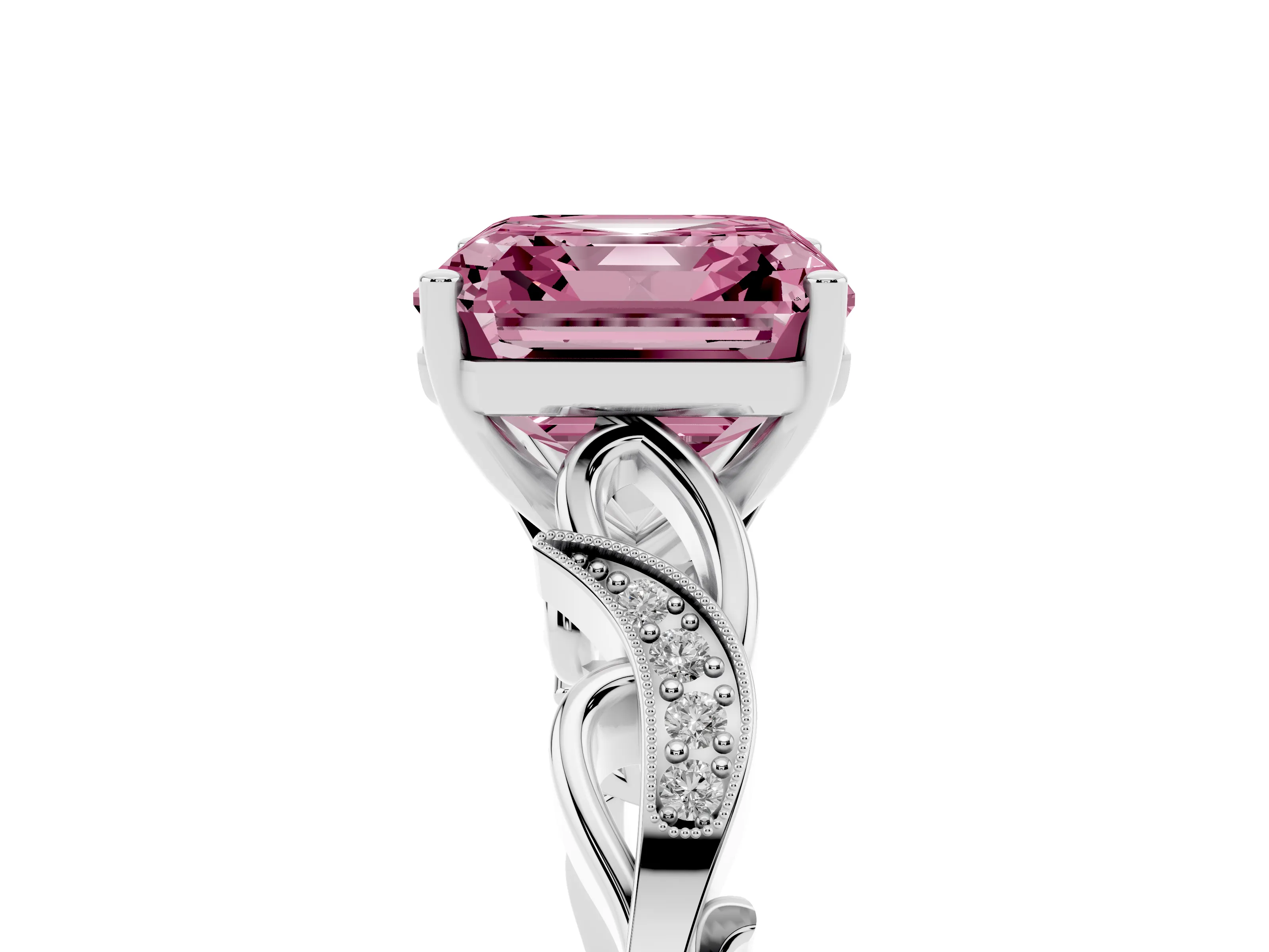Fancy Pink Asscher Cut Diamond Vine Band Solitaire Ring Set in White gold with Milgrain Prong Setting