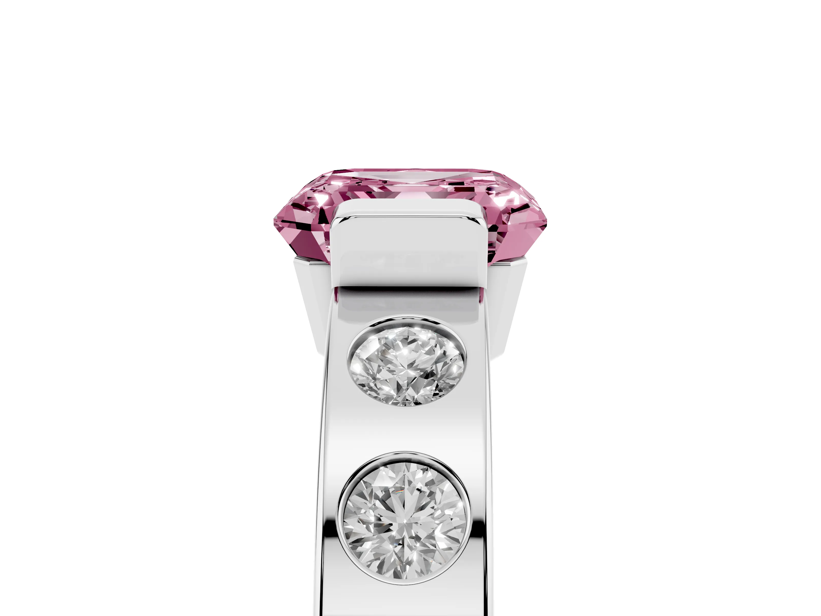 Fancy Pink Asscher Cut Diamond Channel-Set Band Ring Set in Silver with Bezel Prong Setting