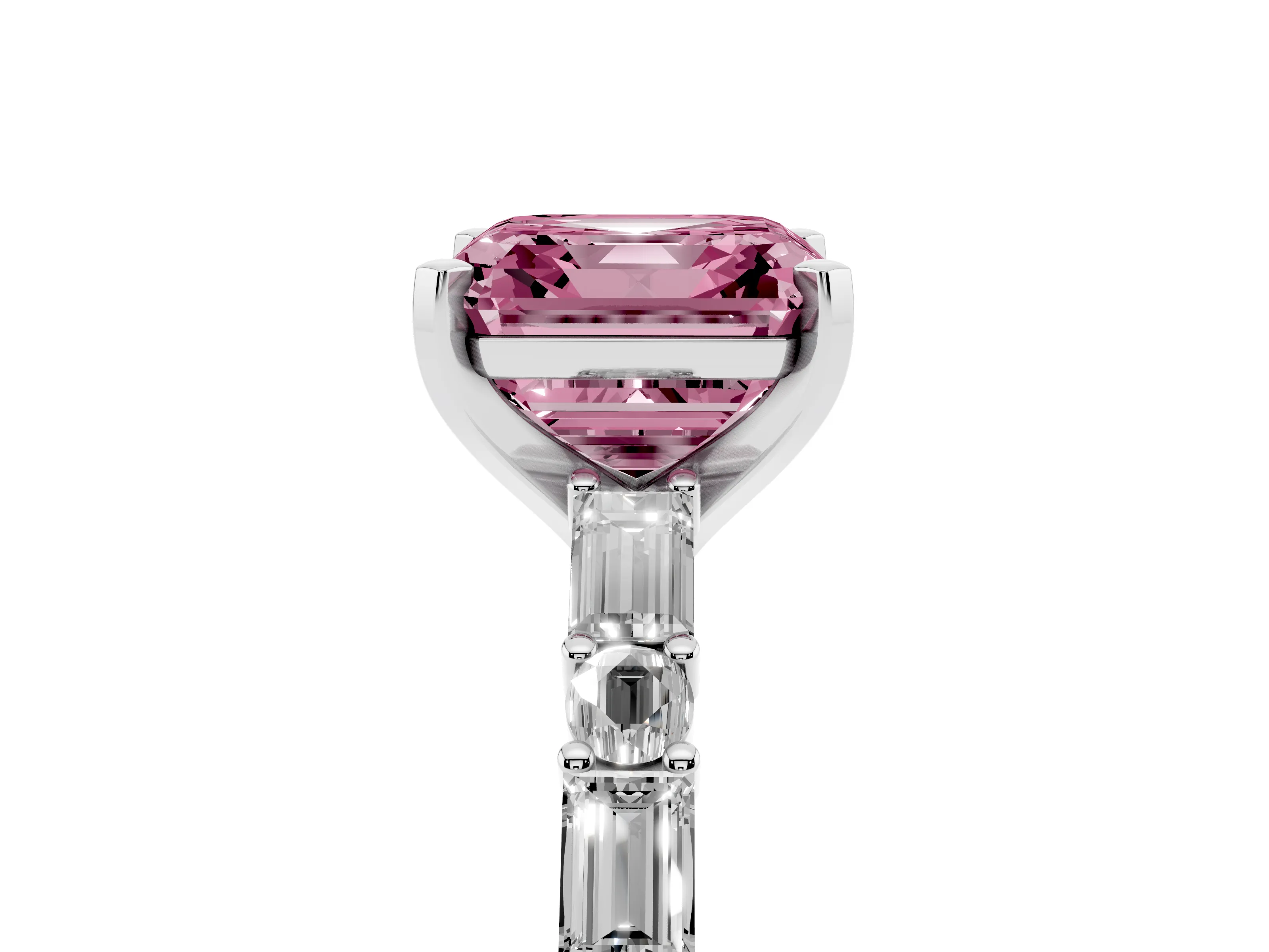 Fancy Pink Asscher Cut Diamond Solitaire Set in Silver with Side Baguettes and Channel Set Band