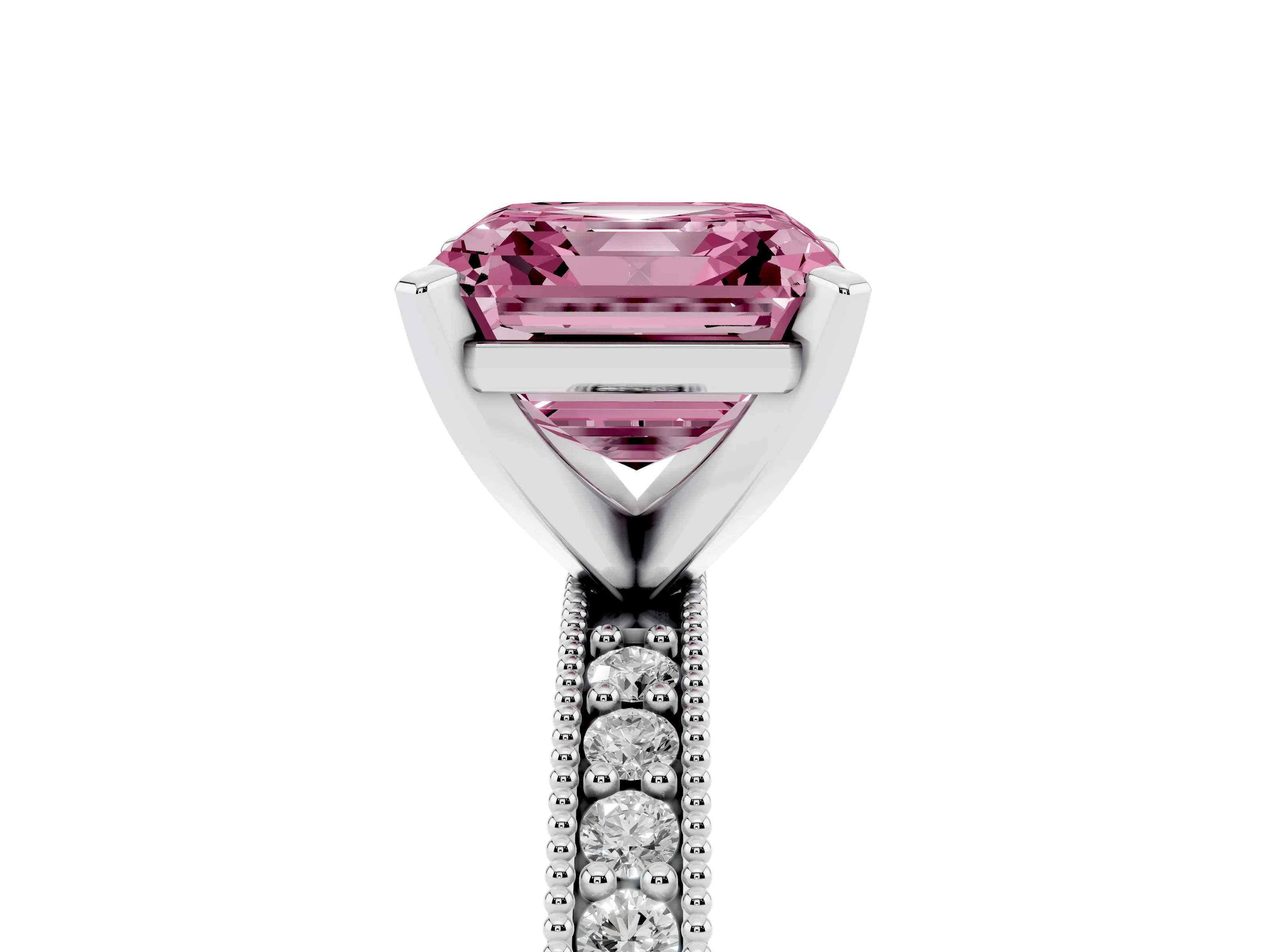 Fancy Pink Asscher Cut Diamond Milgrain Pavé Engagement Ring Set in Platinum with Prong Setting