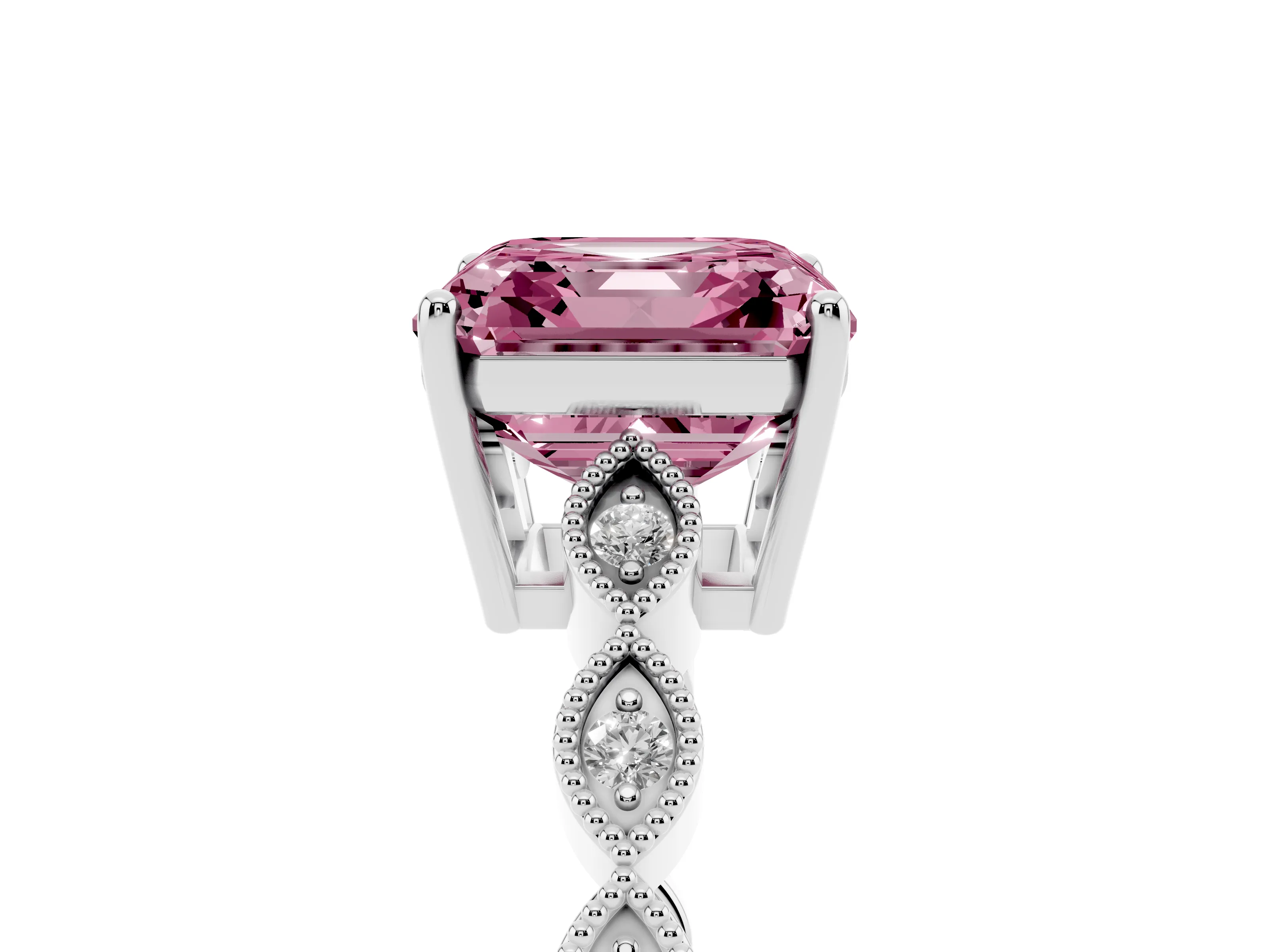 Fancy Pink Asscher Cut Diamond Solitaire Ring Set in White gold with Infinity Twist Pavé Band