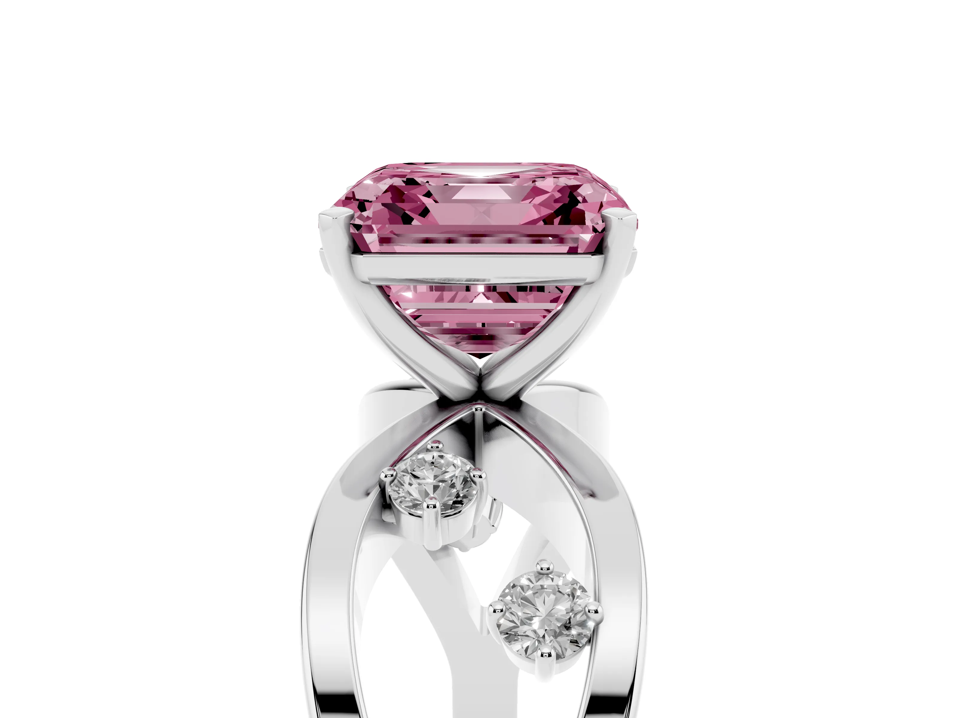 Fancy Pink Asscher Cut Diamond Solitaire Ring Set in Silver with Side Stones on Criss-Cross Band and Prong Setting