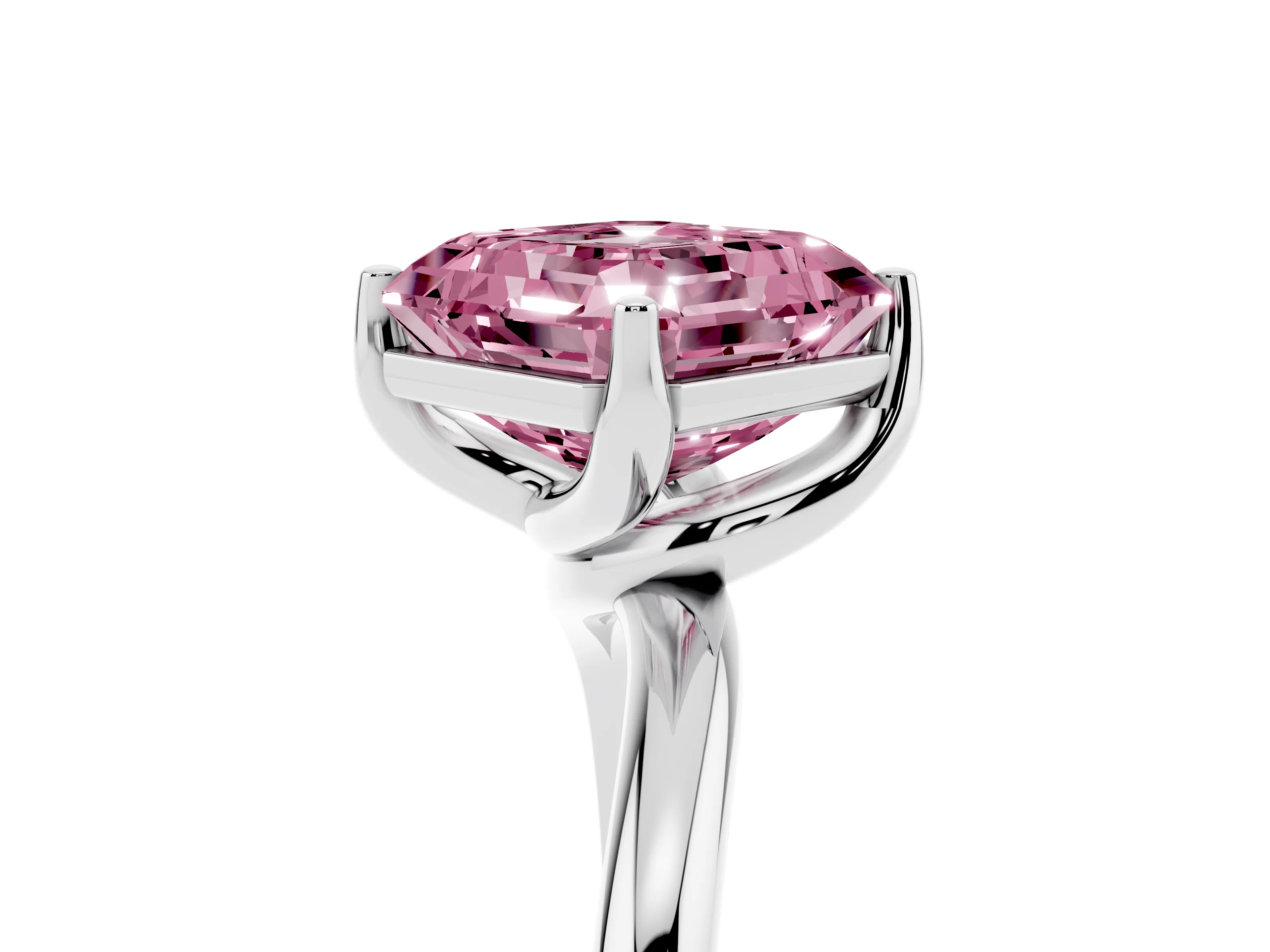 Fancy Pink Asscher Cut Diamond Solitaire Engagement Ring Set in White gold with Classic Plain Band