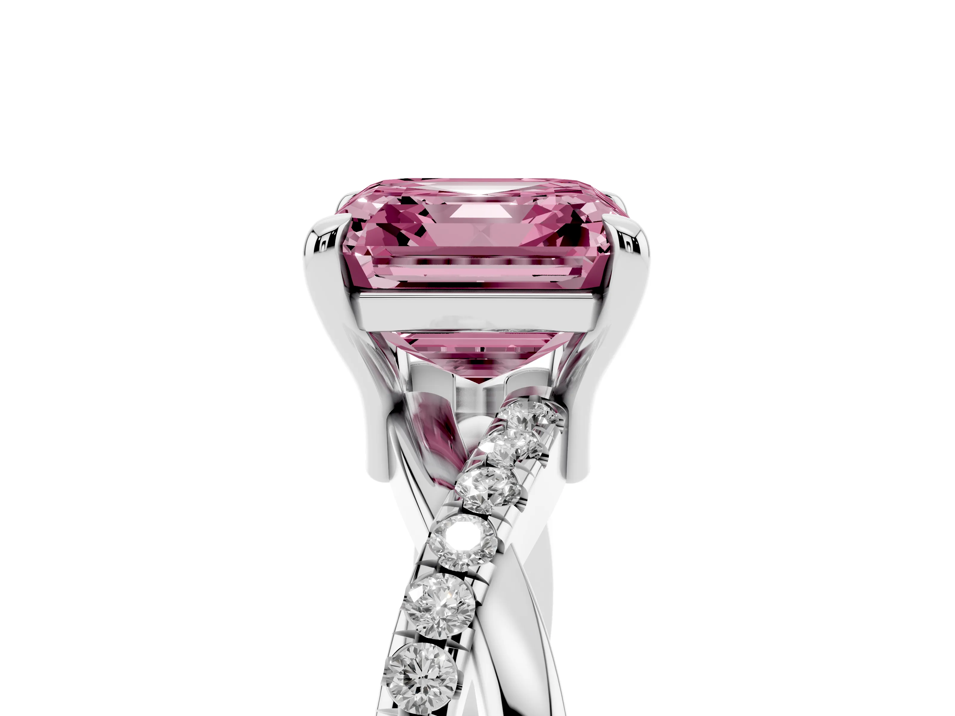 Fancy Pink Asscher Cut Diamond Twist Band Pavé Solitaire Ring Set in Platinum with Prong Setting