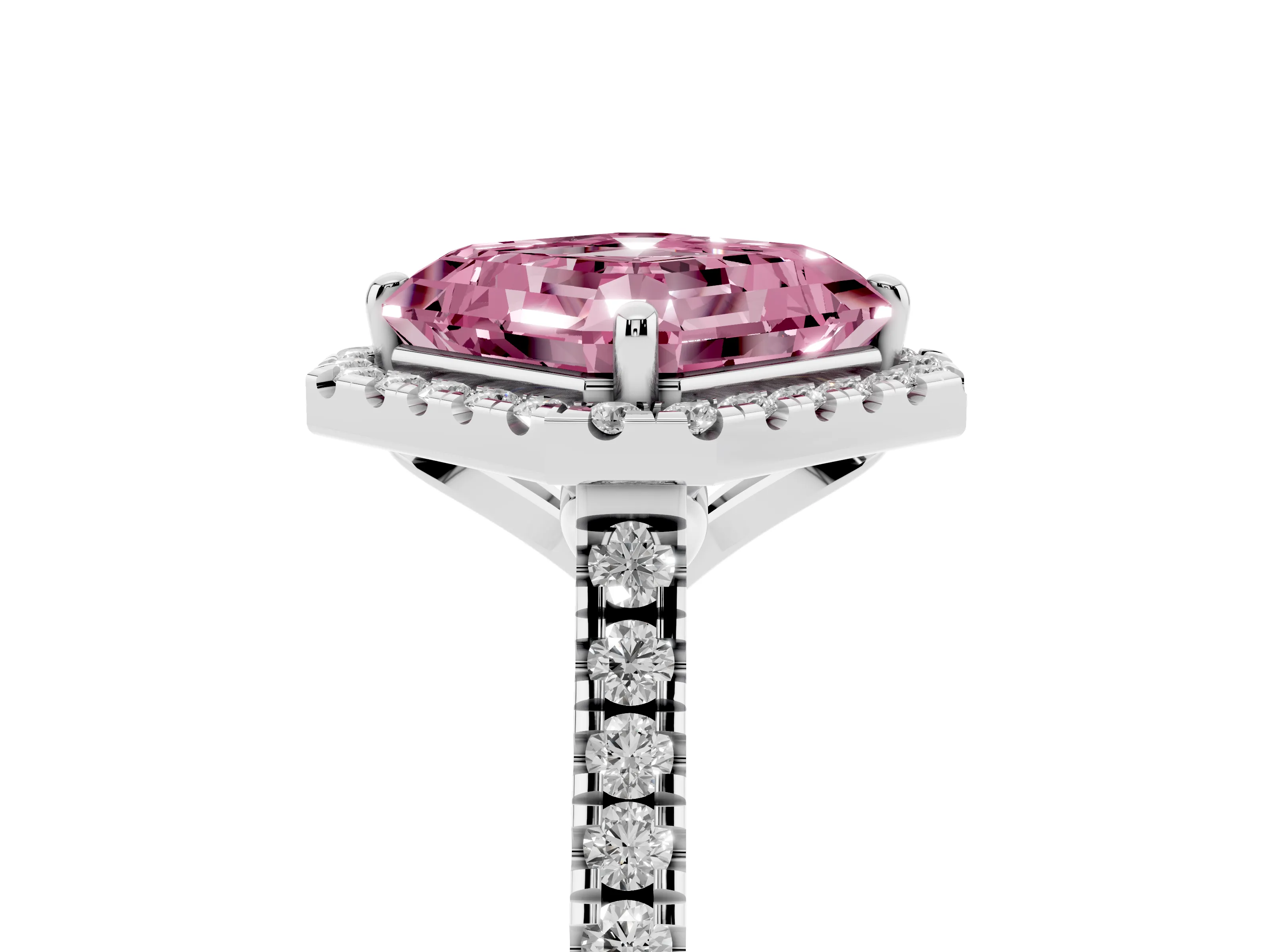 Fancy Pink Asscher Cut Diamond Cushion Halo Ring Set in White gold with Pavé Band