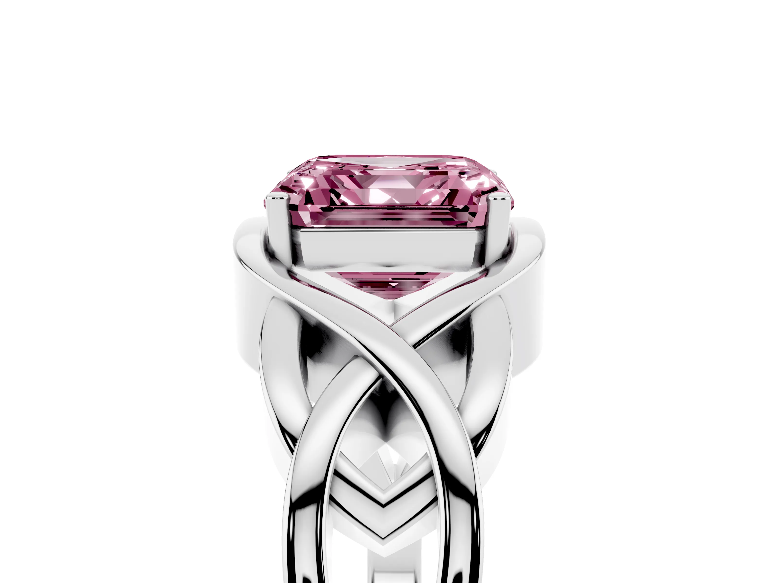 Fancy Pink Asscher Cut Diamond Solitaire Ring Set in Silver with Intertwined Band