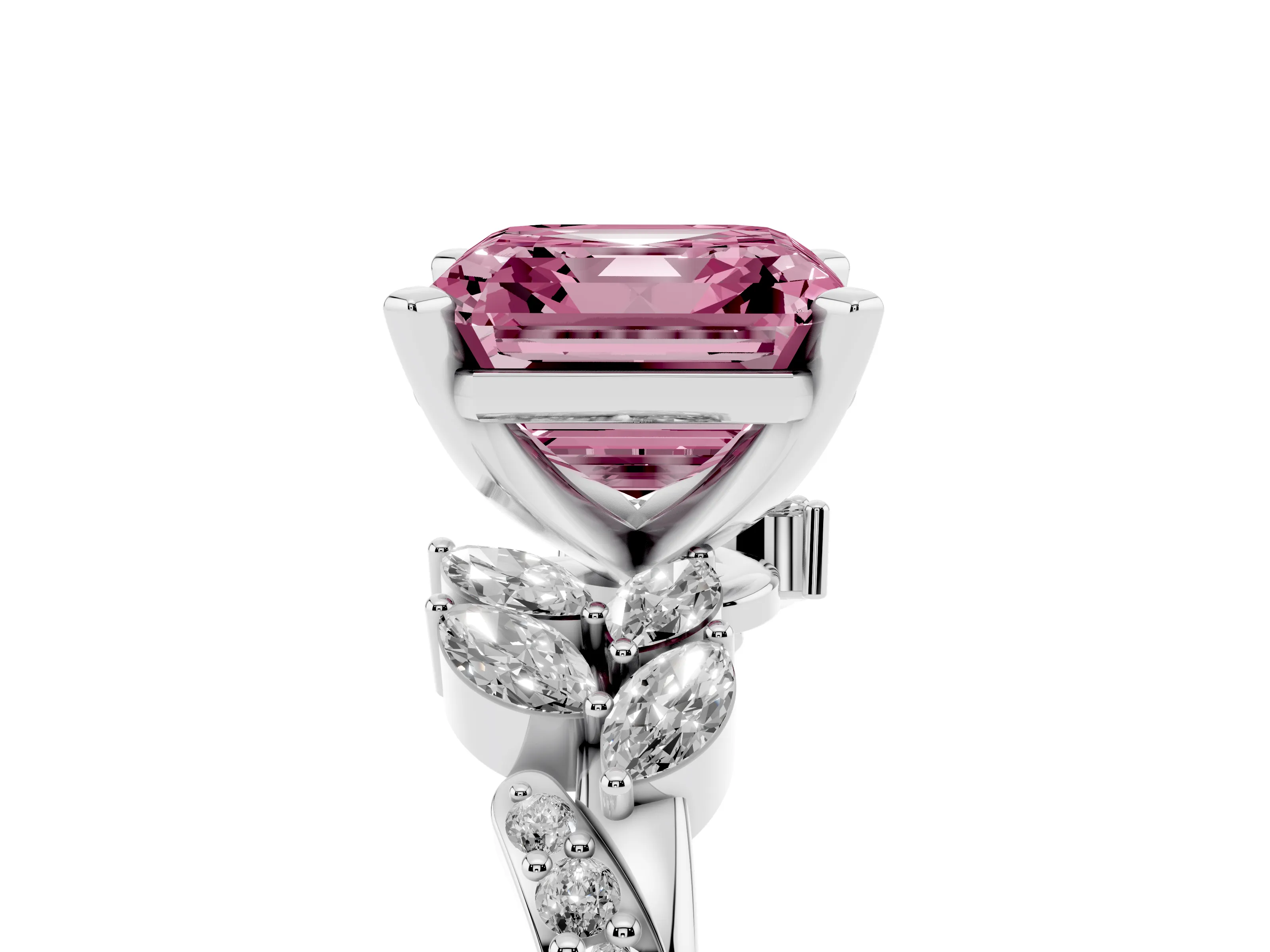 Fancy Pink Asscher Cut Diamond Solitaire Ring Set in Silver with Marquise Twist Band and Prong Setting