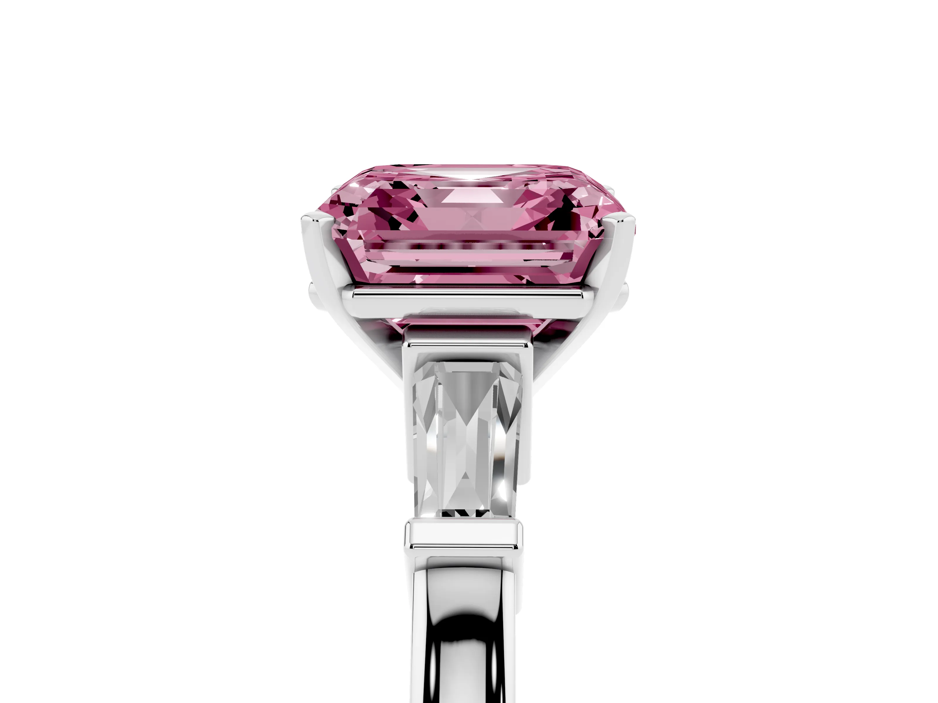 Fancy Pink Asscher Cut Diamond Solitaire Ring Set in White gold with Tapered Baguette Accents and Prong Setting