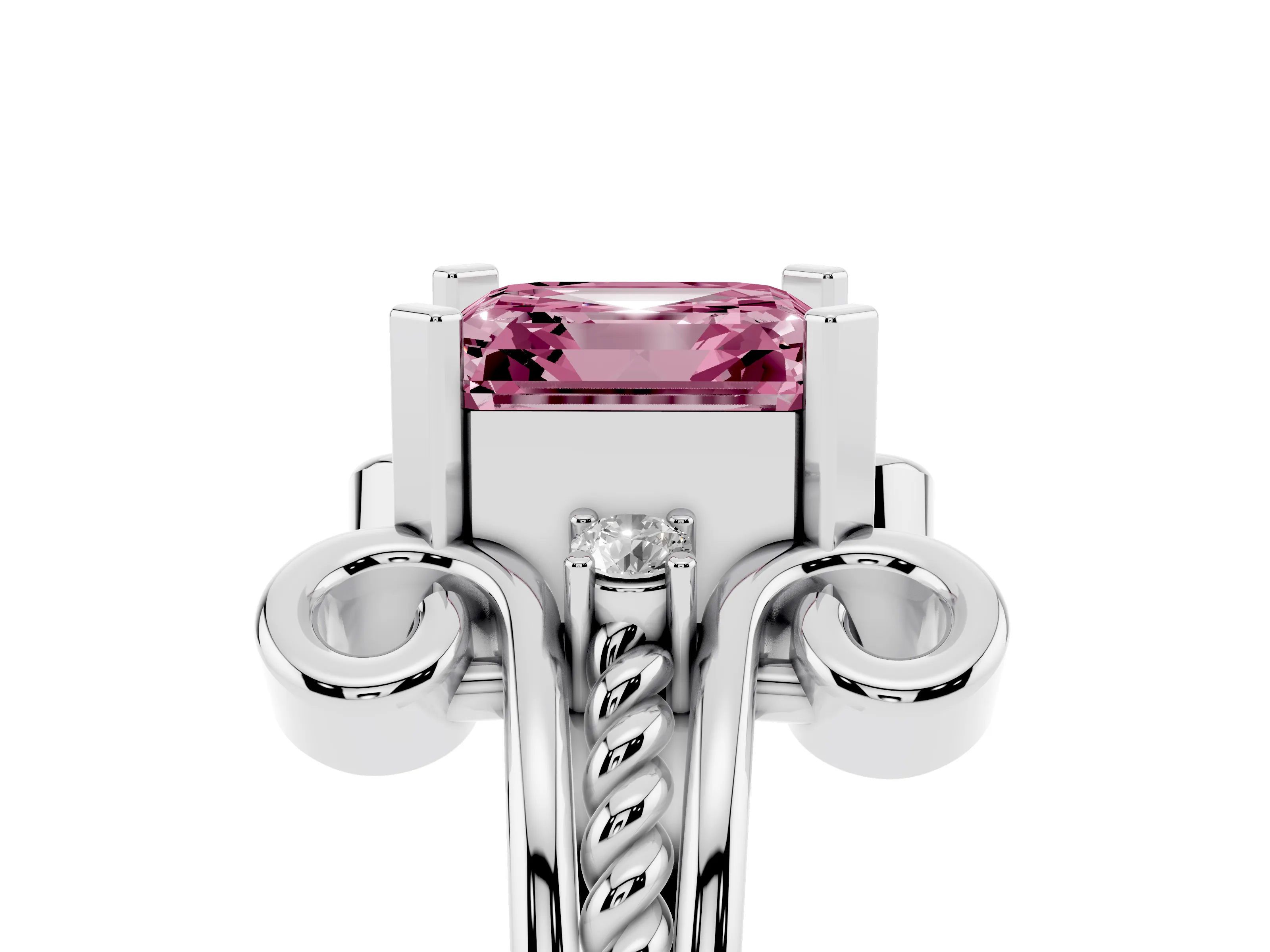 Fancy Pink Asscher Cut Diamond Twisted Band Solitaire Ring Set in Platinum with Scroll Prongs