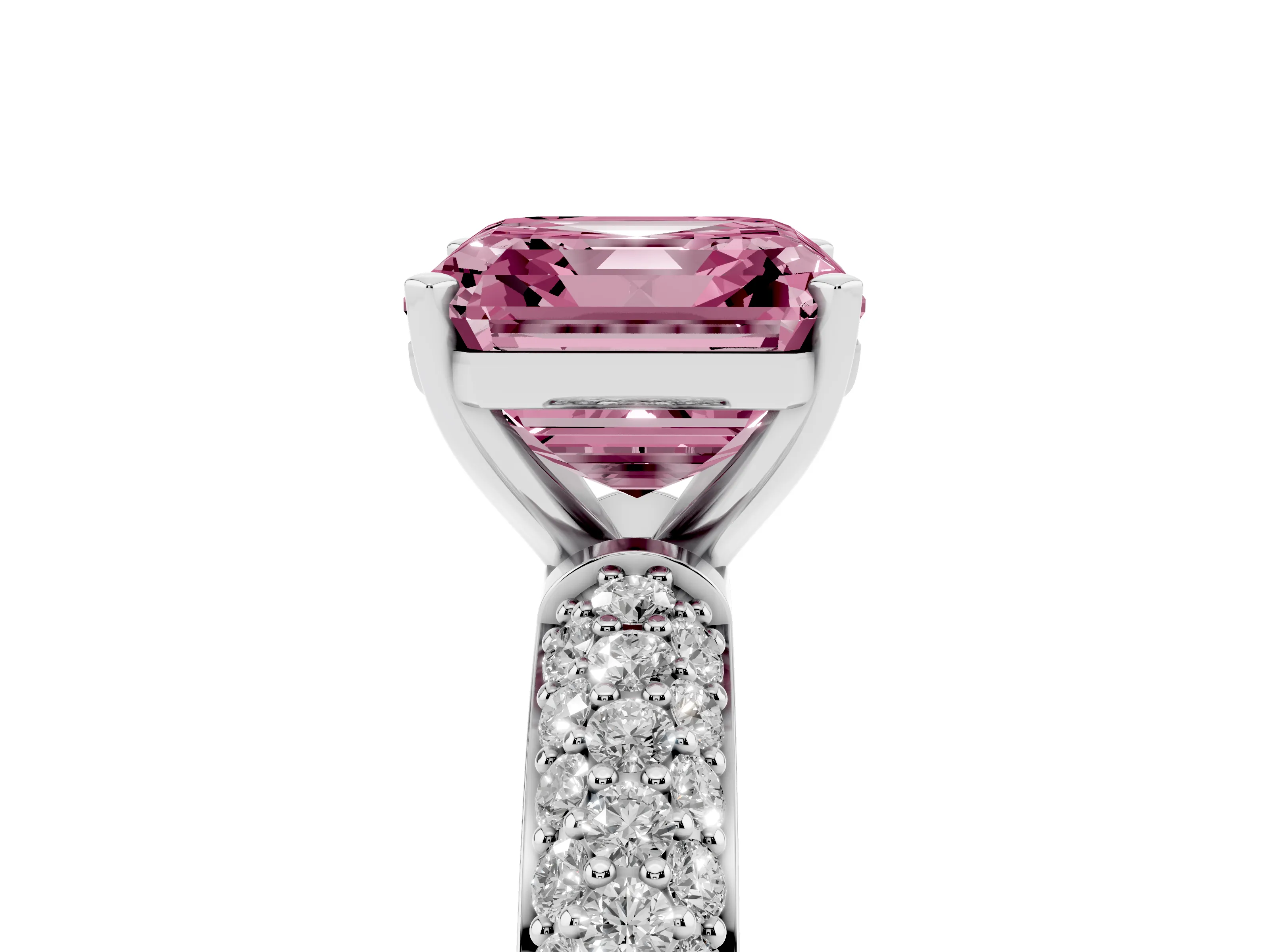 Fancy Pink Asscher Cut Diamond Solitaire Ring Set in Silver with Prong Setting and Pavé-Set Band
