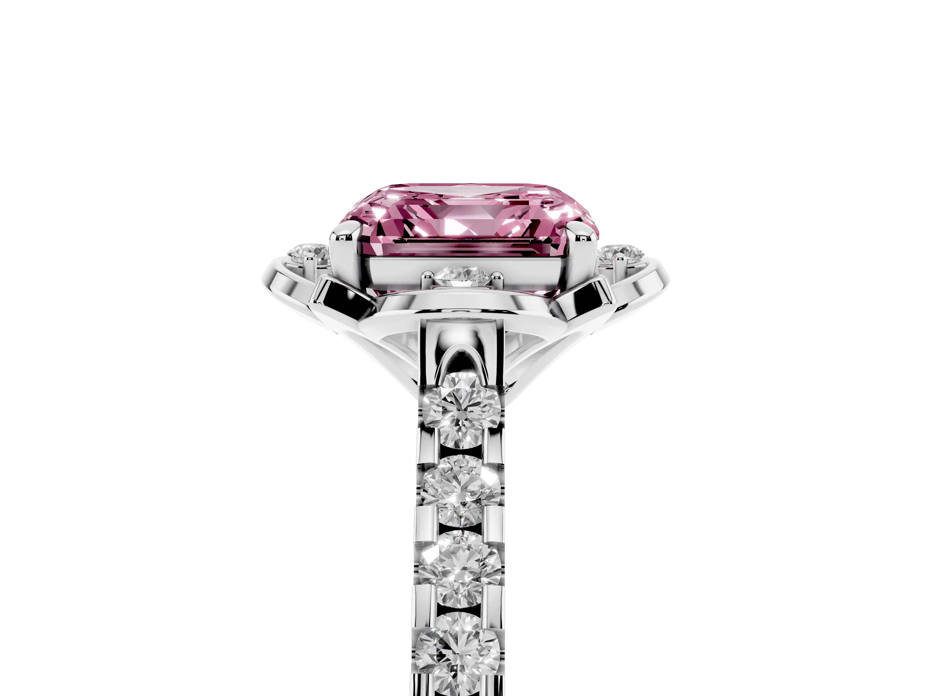Fancy Pink Asscher Cut Diamond Solitaire Ring Set in Silver with Pavé Band and Floral Prong Setting