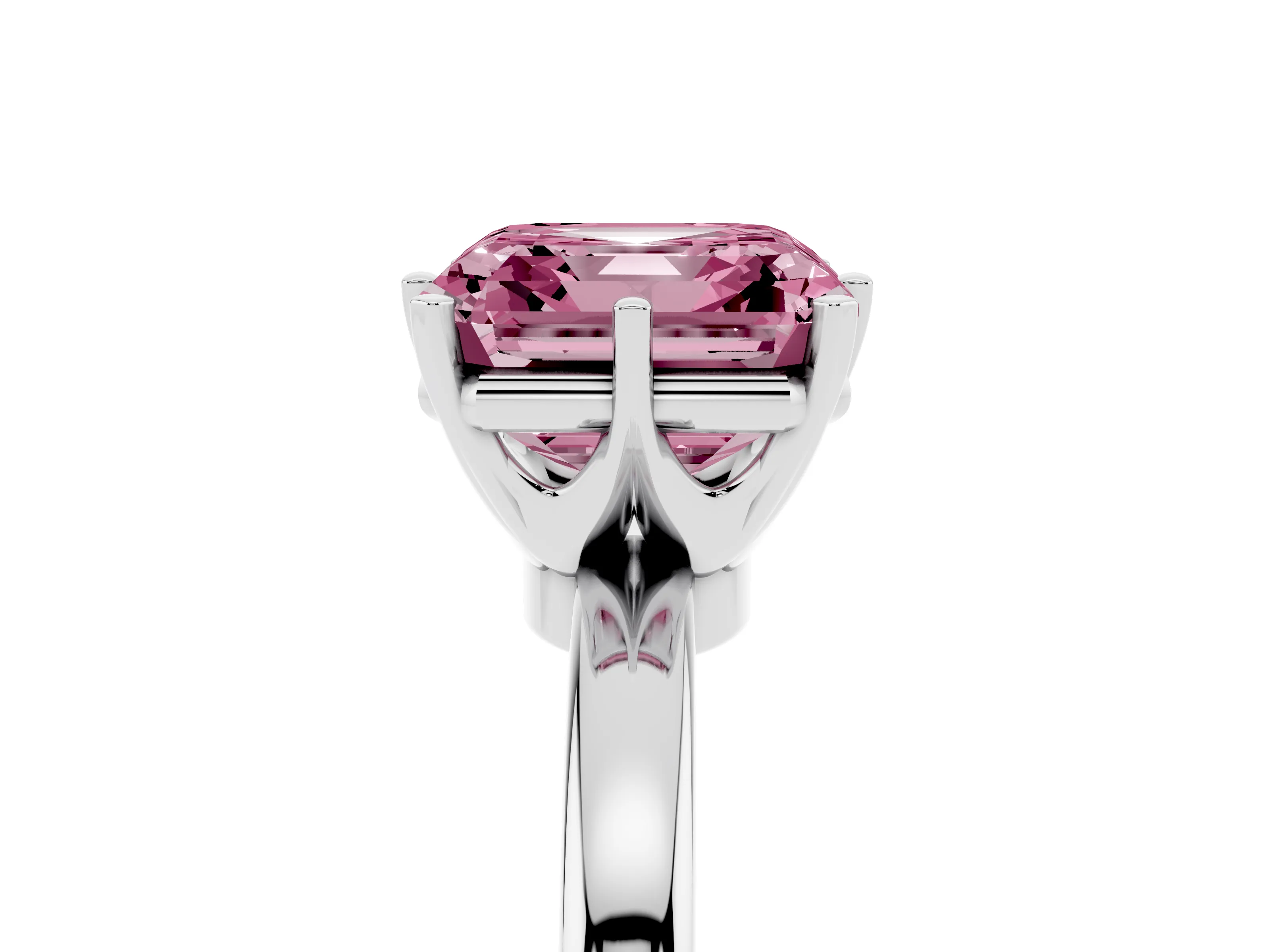 Fancy Pink Asscher Cut Diamond Solitaire Ring Set in White gold with Raised Prong Setting on a Classic Band