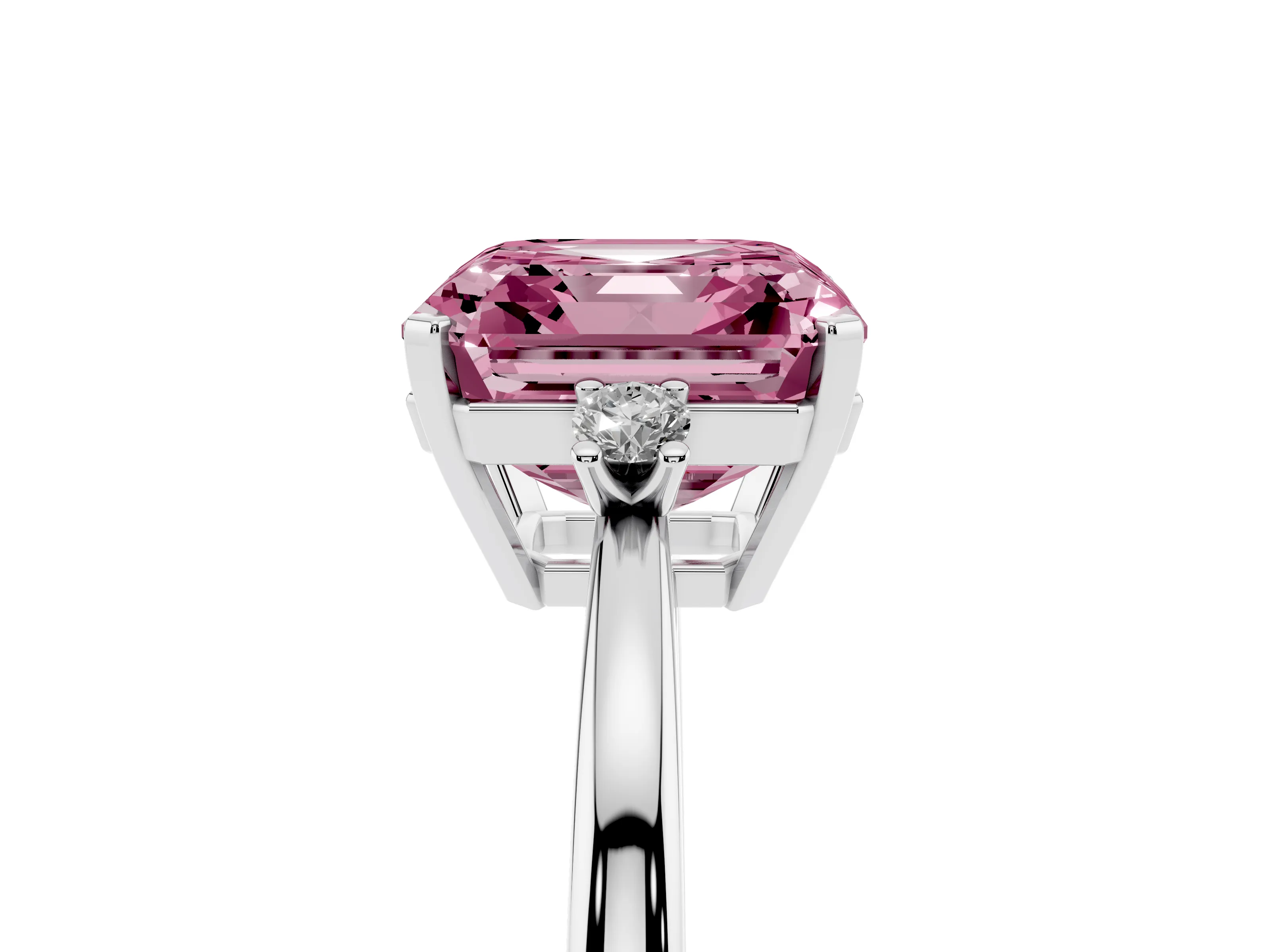 Fancy Pink Three-Stone Asscher Cut Diamond Solitaire Ring Set in Silver with Round Accent Stones and Prong Setting