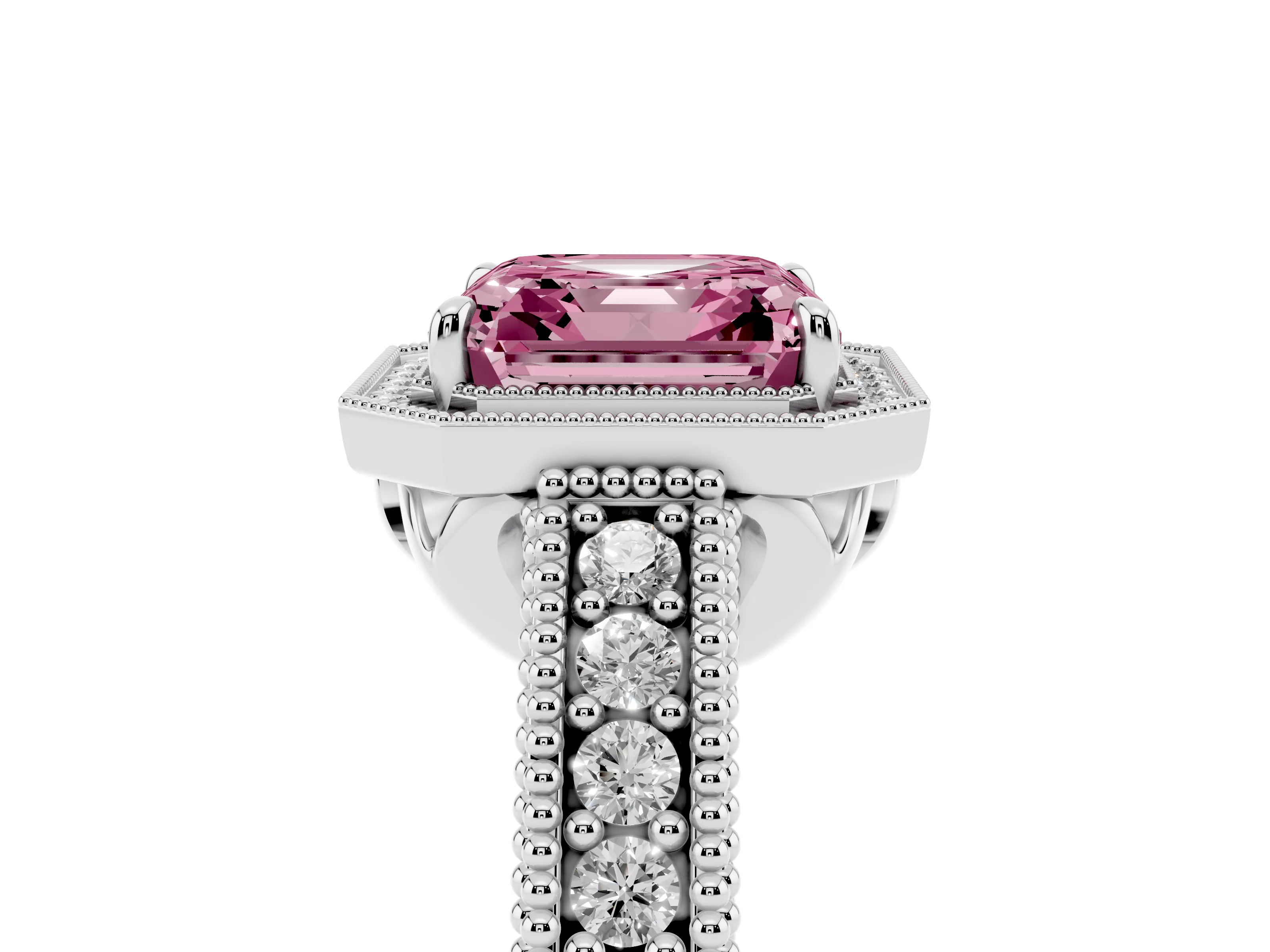 Fancy Pink Asscher Cut Diamond Halo Ring Set in Silver with Round Accent Halo, Pavé Band and Prong Setting