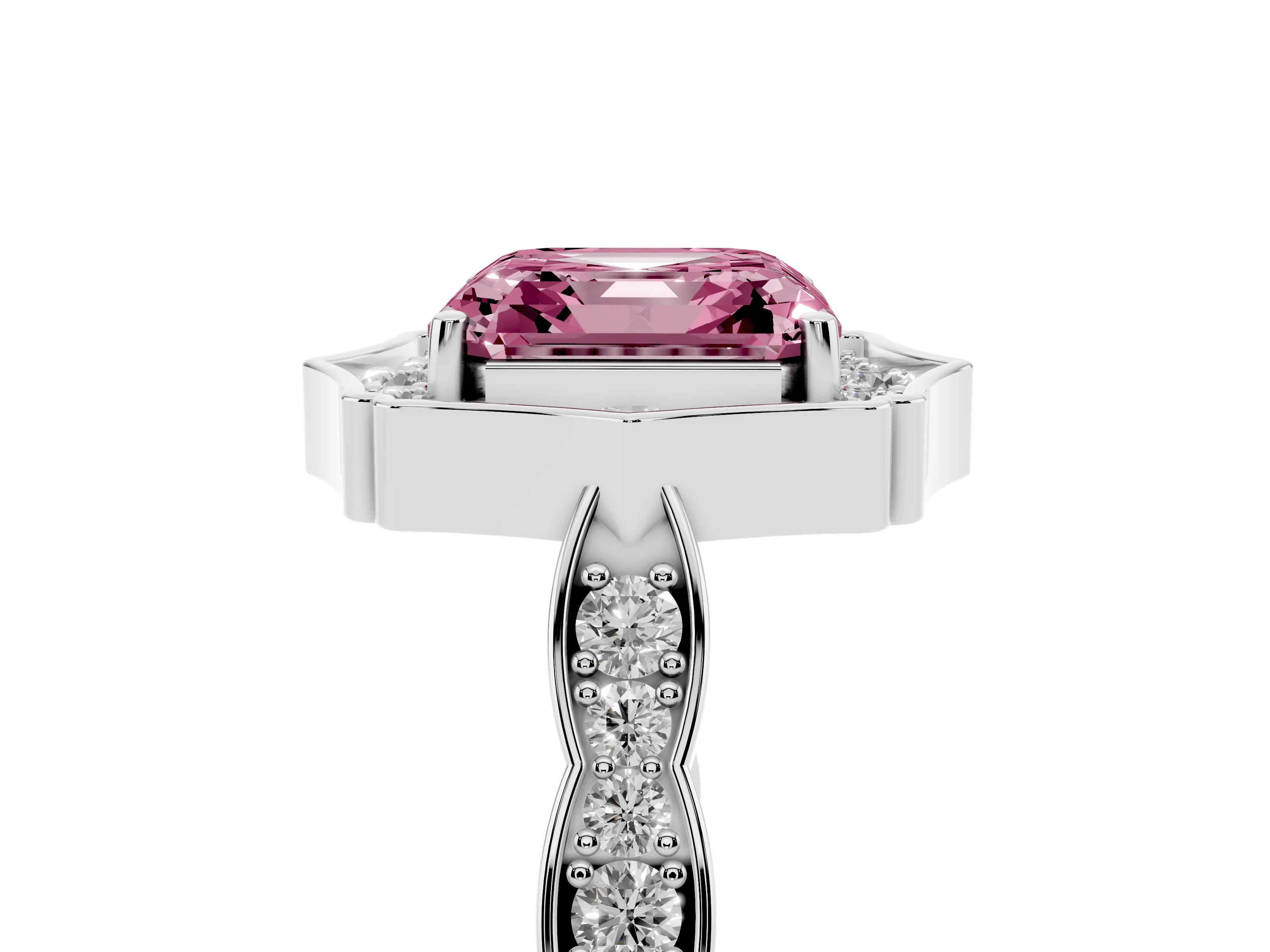 Fancy Pink Asscher Cut Diamond Halo Engagement Ring Set in Platinum with Milgrain Band and Prong Setting