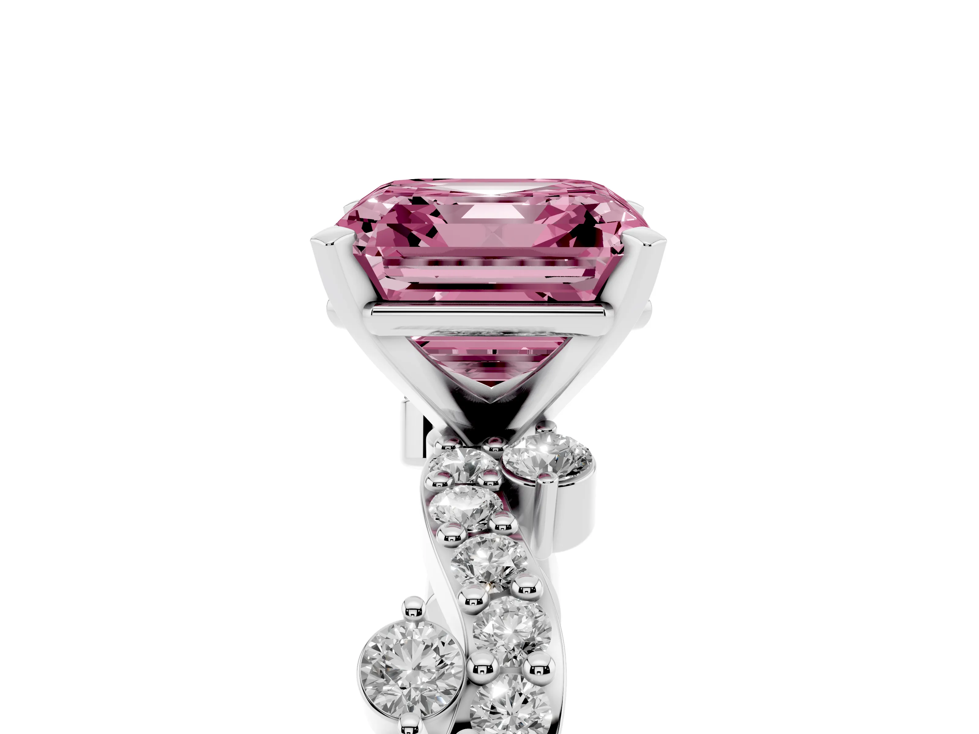 Fancy Pink Asscher Cut Diamond Solitaire Twisted Band Set in Silver with Pavé Setting