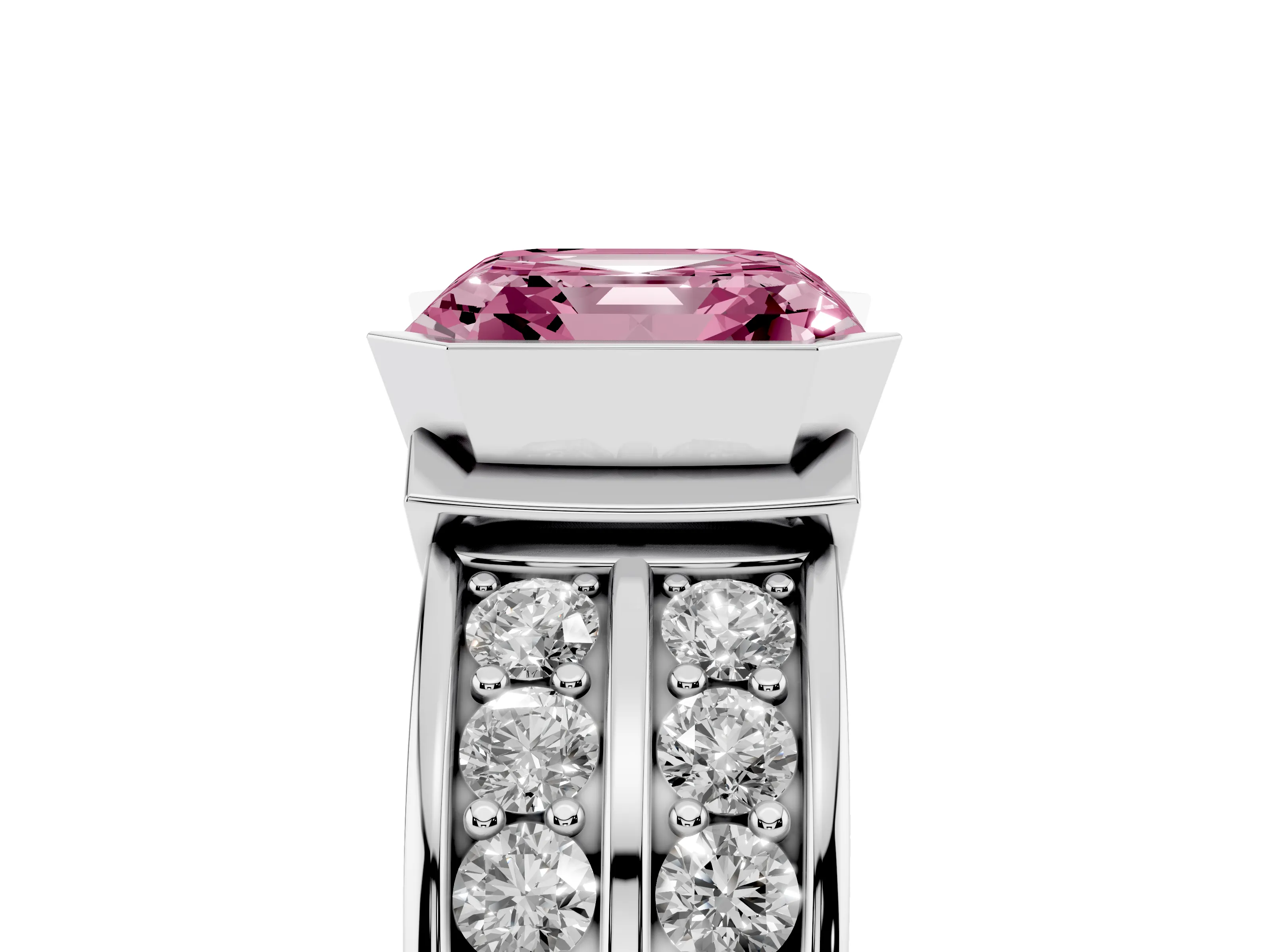 Fancy Pink Asscher Cut Diamond Wide Channel Set Band Ring Set in Platinum with Bezel Setting