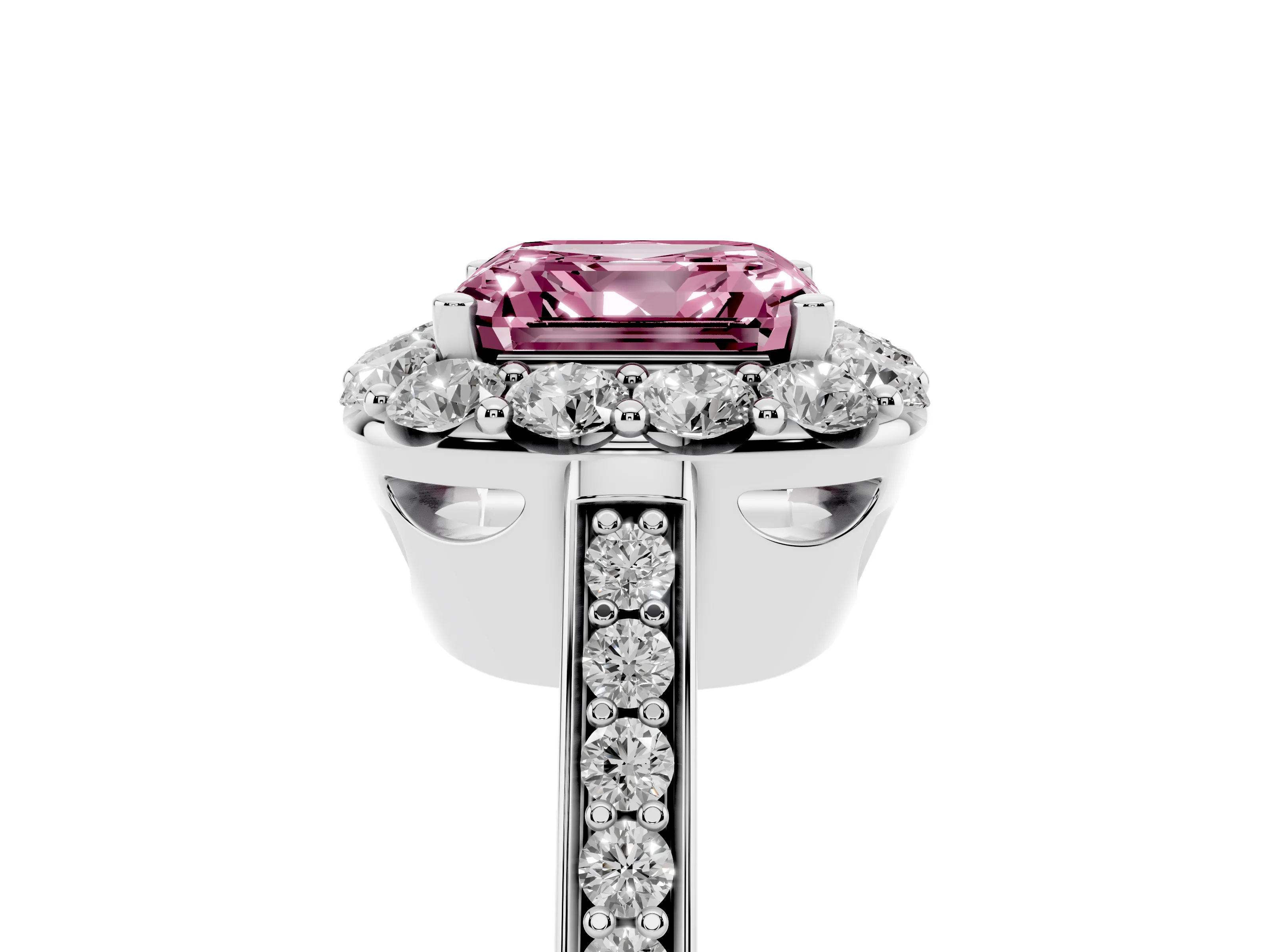 Fancy Pink Asscher Cut Diamond Floral Halo Ring Set in Platinum with Pavé Band and Prong Setting
